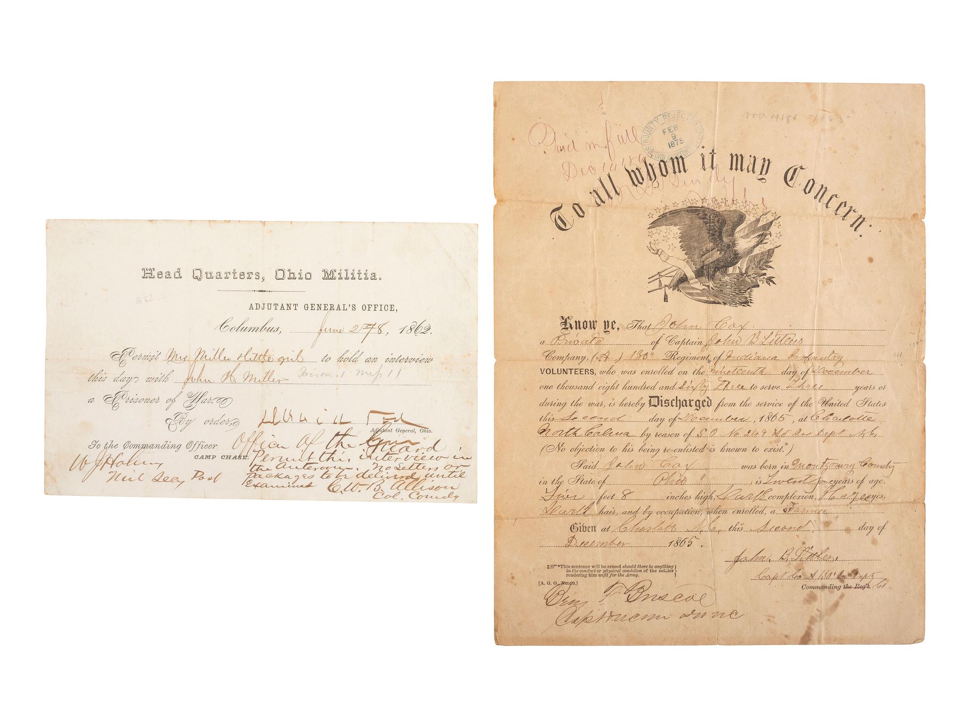 [CIVIL WAR]. A group of documents including muster rolls, discharge papers, and documents from headquarters, highlighted by a muster roll of Company A, 3rd Louisiana Cavalry.