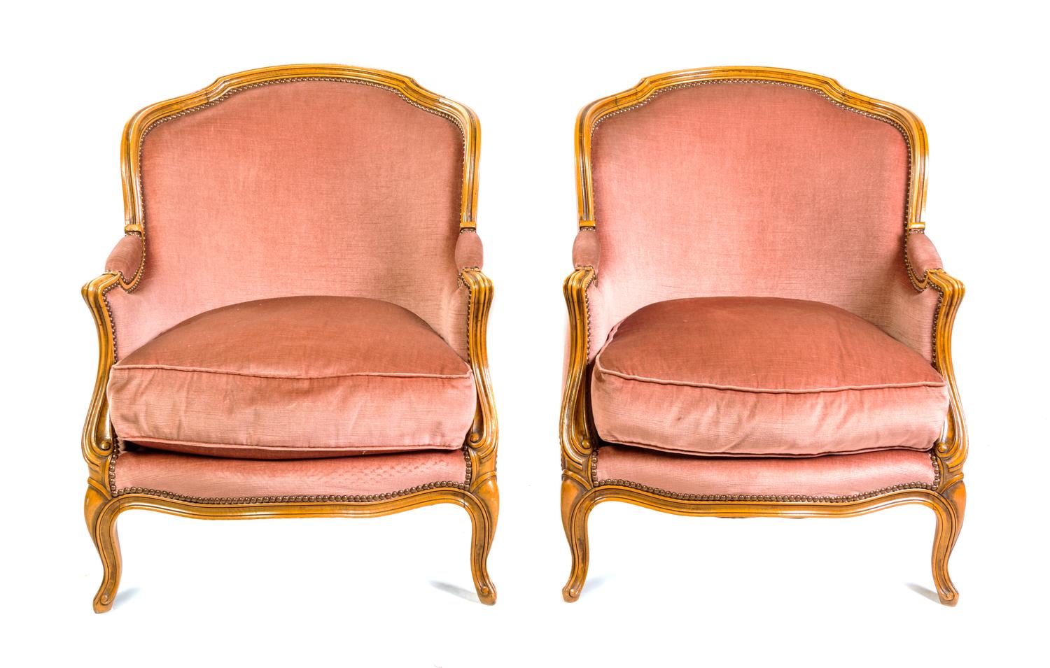 A Pair of Louis XV Style Walnut Bergeres Height 32 1/2 inches. — MAISON GOUFFE, PARIS, FIRST HALF 20TH CENTURY