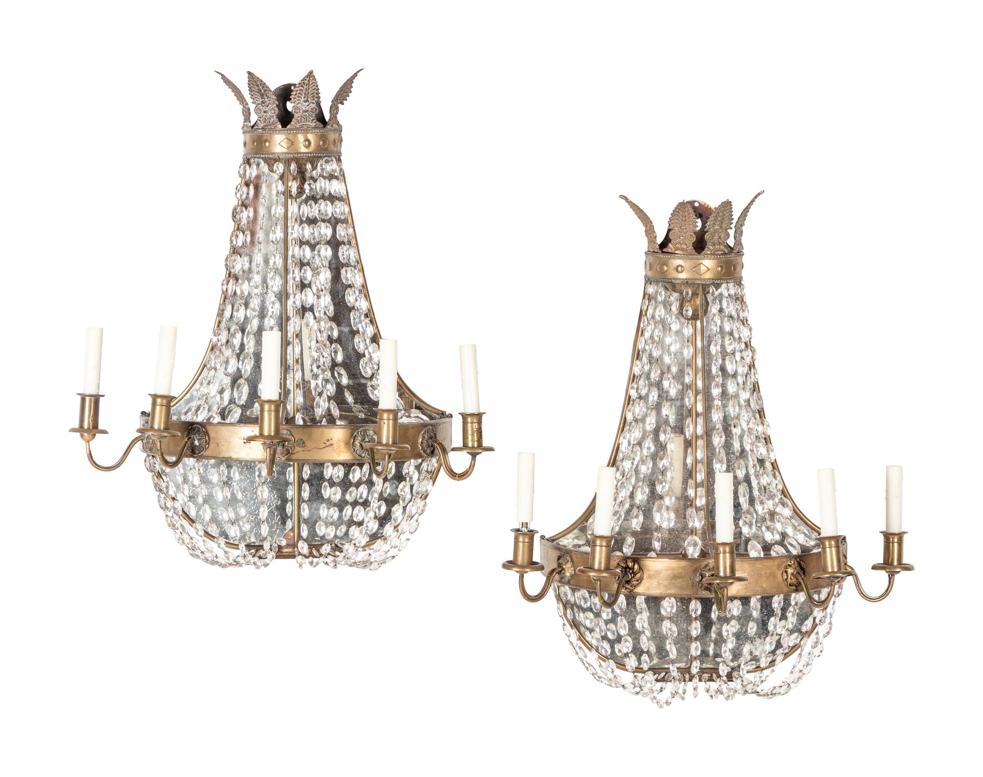 A Pair of Regency Style Silvered Tôle and Glass Five-Light Wall Lights