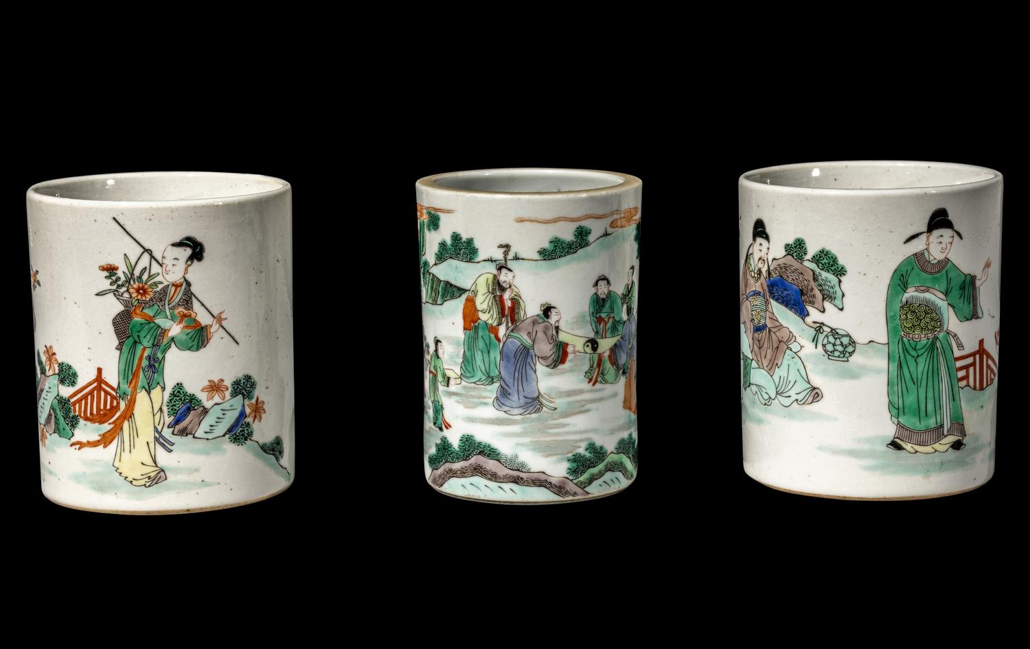Three Chinese Famille Verte Porcelain Brushpots, Bitong