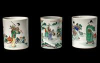 Three Chinese Famille Verte Porcelain Brushpots, Bitong