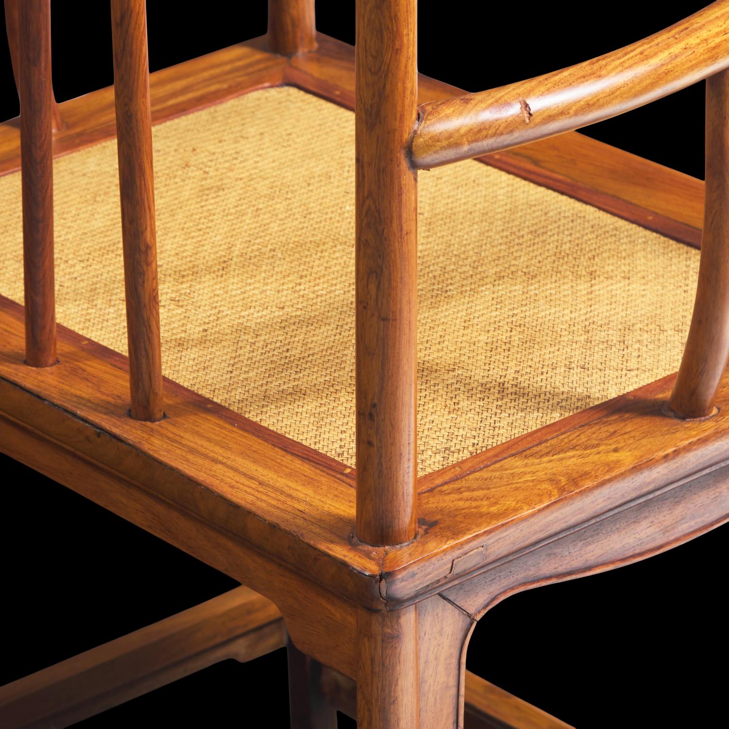 A Pair of Chinese Huanghuali Armchairs, Meiguiyi, 17th/18th Century and With Later Elements 清中期 黃花梨玫瑰椅一对