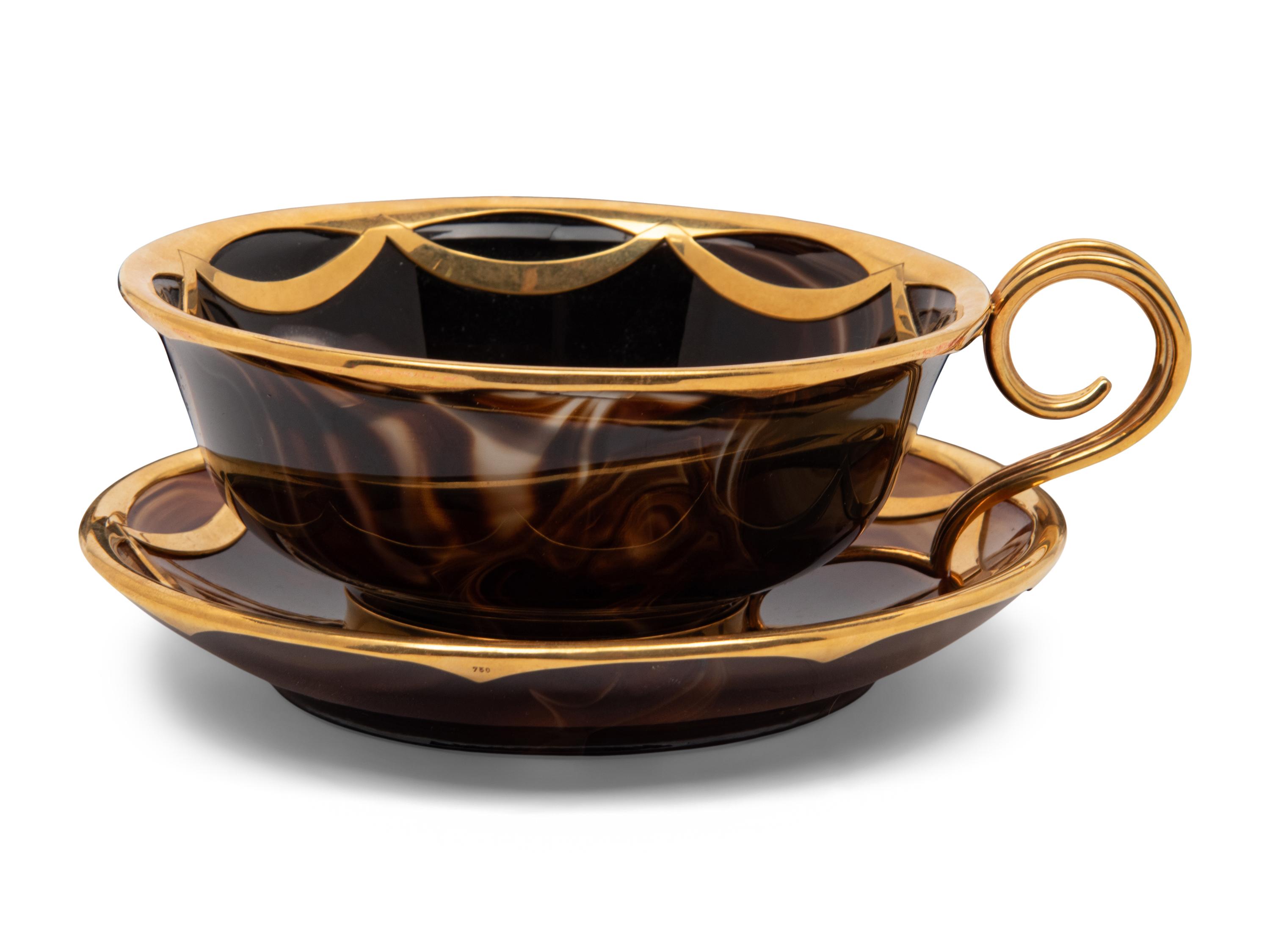 A Set of Six 18-Karat Gold Mounted Agate Cups and Saucers