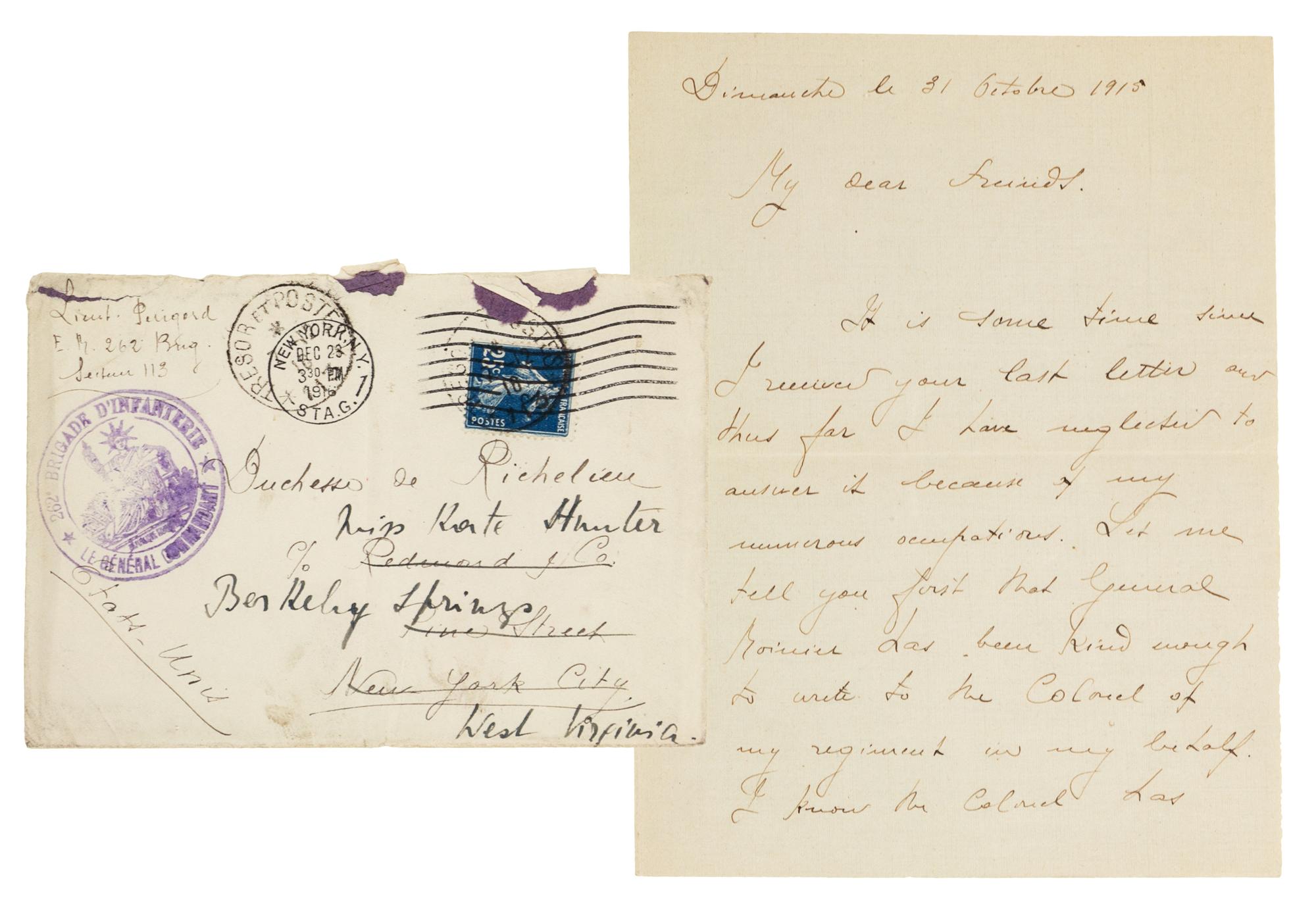 [WORLD WAR I]. An archive of letters written between 1913 and 1921 from Captain Paul Perigord (1882-1959) of the French Army to Duchess de Richelieu (1886-1972).