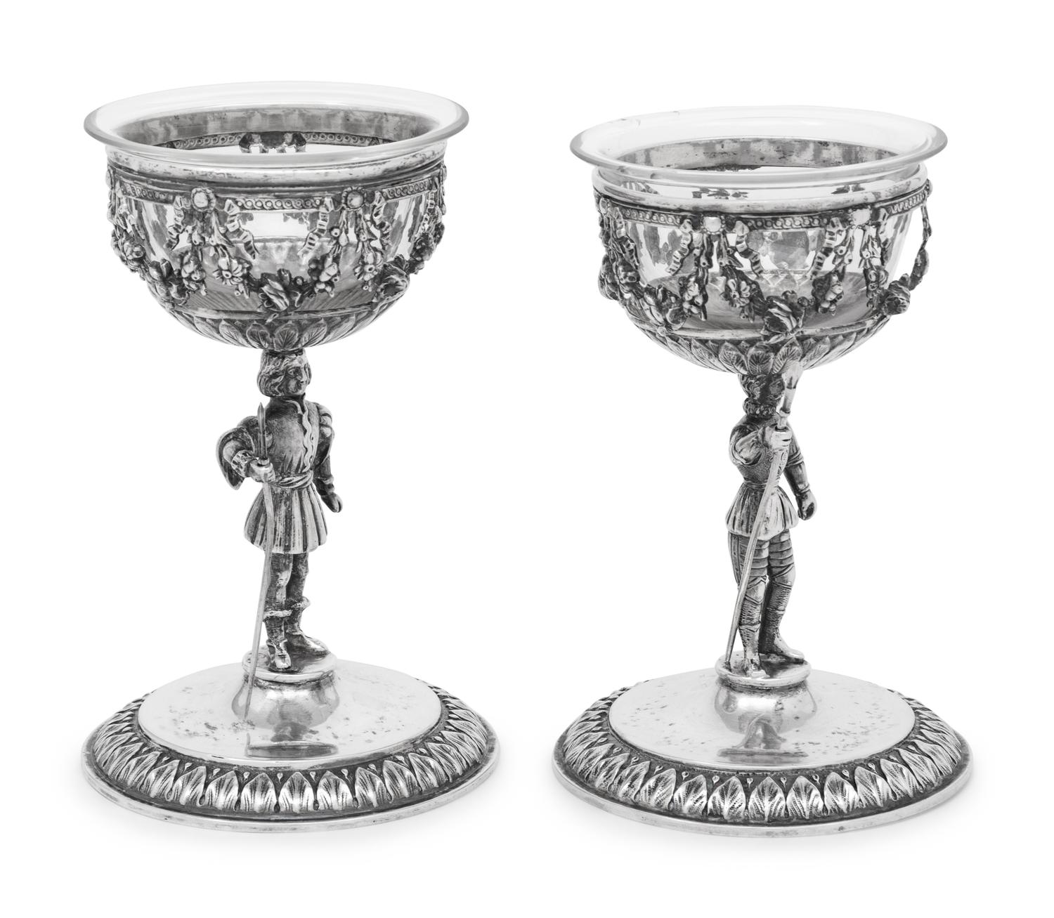 A Pair of German Silver Figural Goblets with Glass Liners