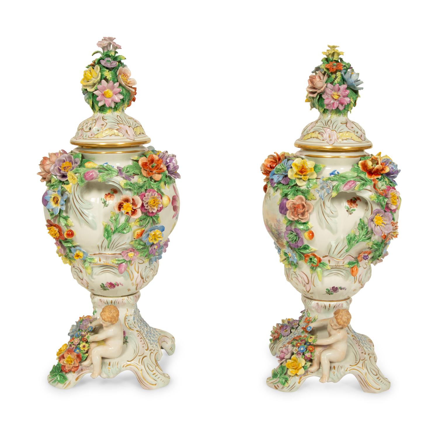 A Pair of Dresden Porcelain Floral Encrusted Urns — 20TH CENTURY