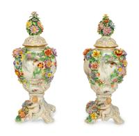A Pair of Dresden Porcelain Floral Encrusted Urns — 20TH CENTURY