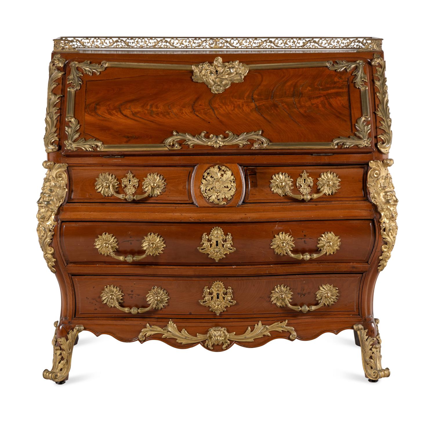 A Louis XV Style Gilt Bronze Mounted Mahogany Slant-Front Bureau