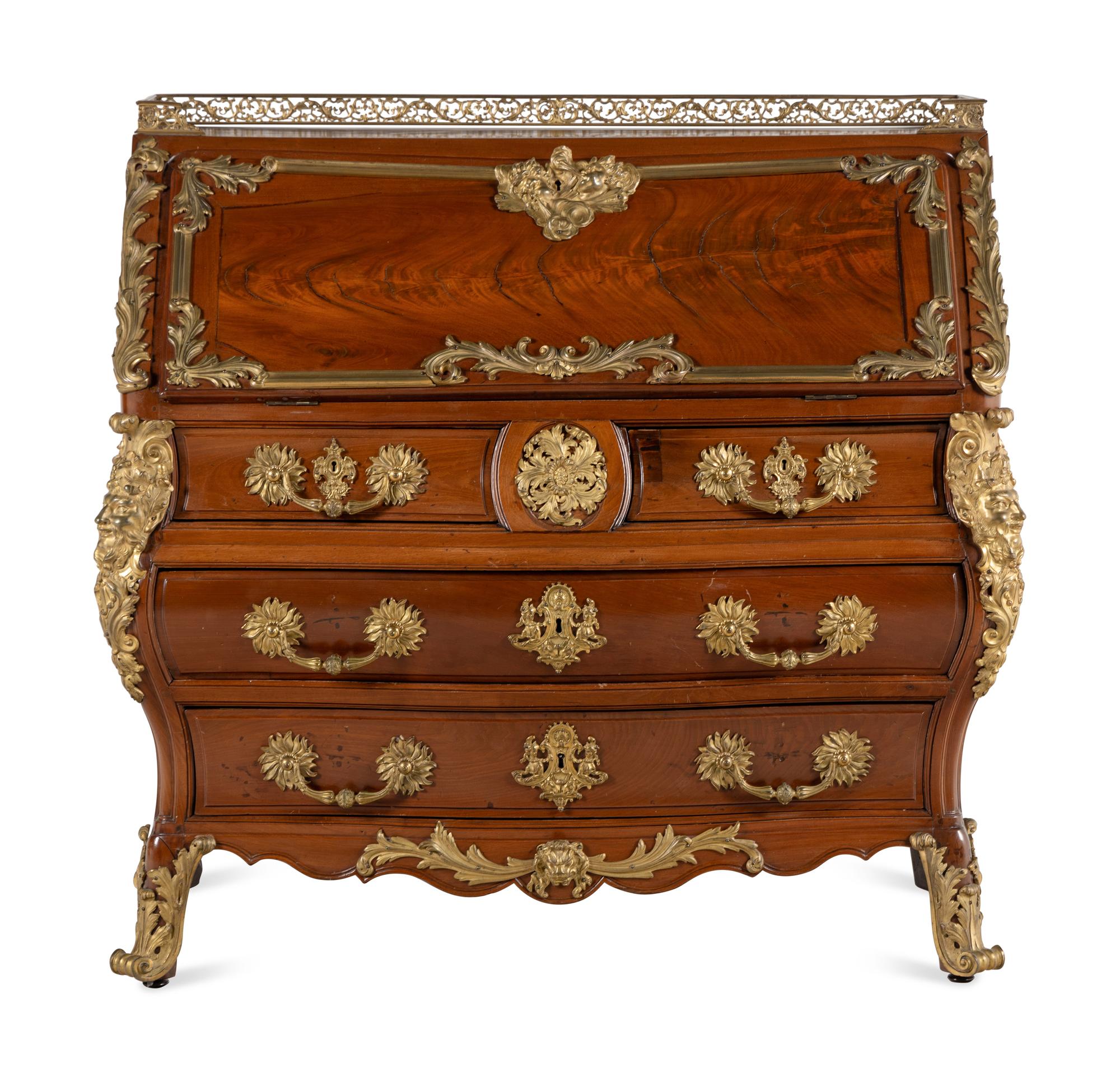 A Louis XV Style Gilt Bronze Mounted Mahogany Slant-Front Bureau
