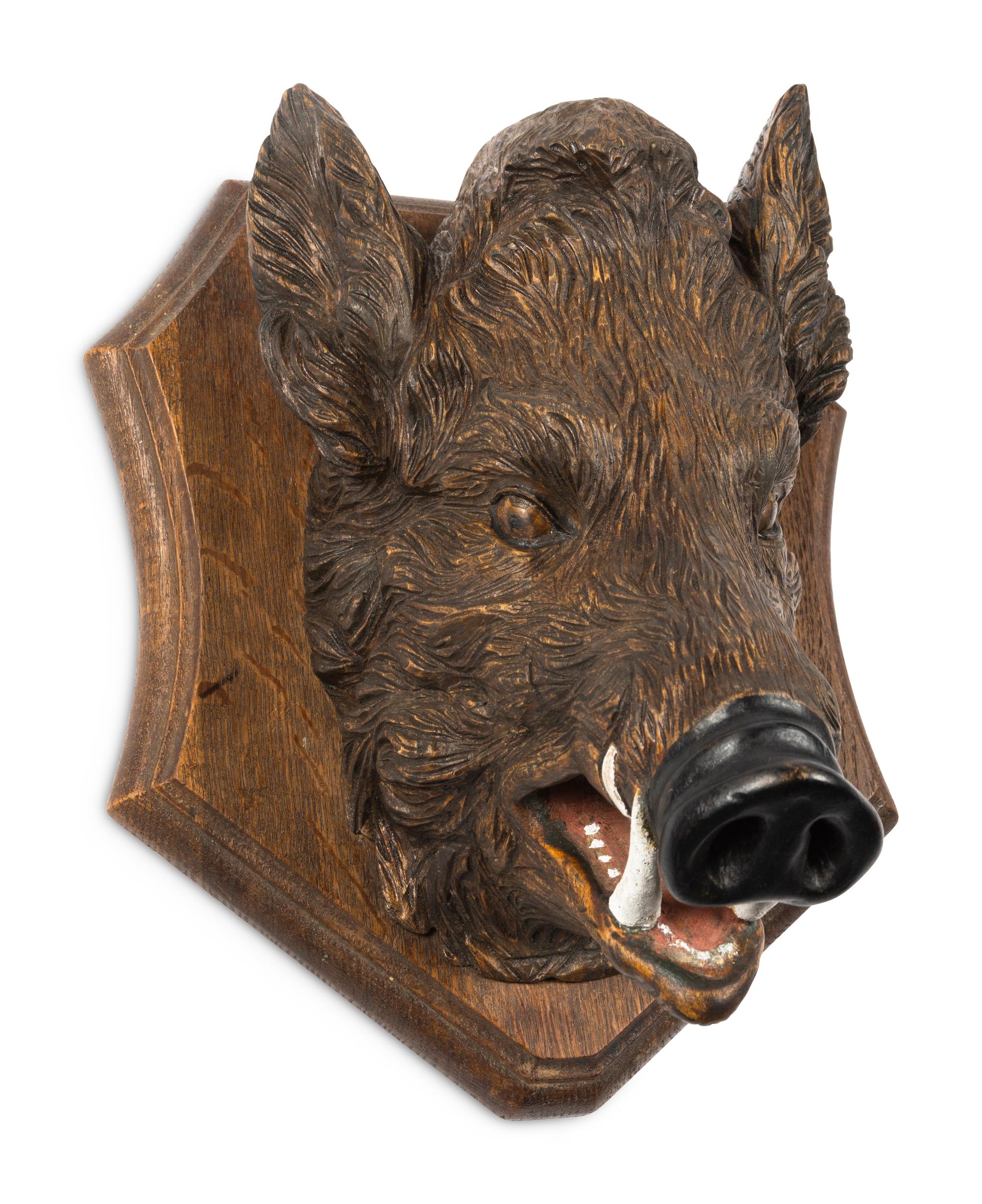 A Black Forest Carved Boar Head Mount
