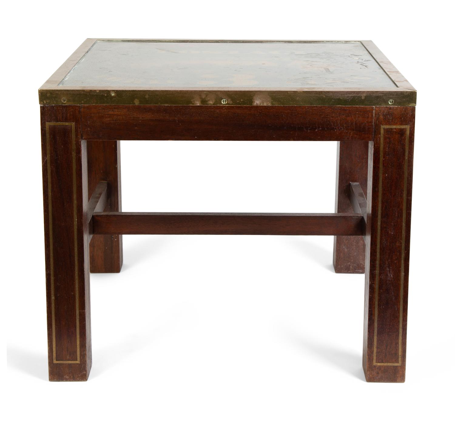 A Pair of American Reverse-Painted Glass Top and Brass Inlaid Side Tables — 20TH CENTURY