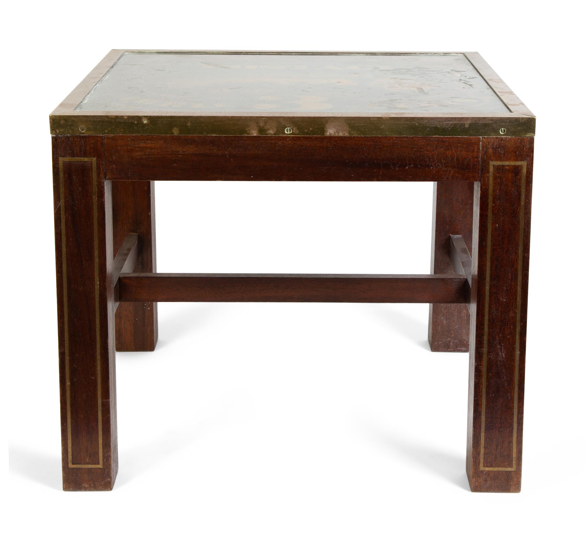 A Pair of American Reverse-Painted Glass Top and Brass Inlaid Side Tables — 20TH CENTURY