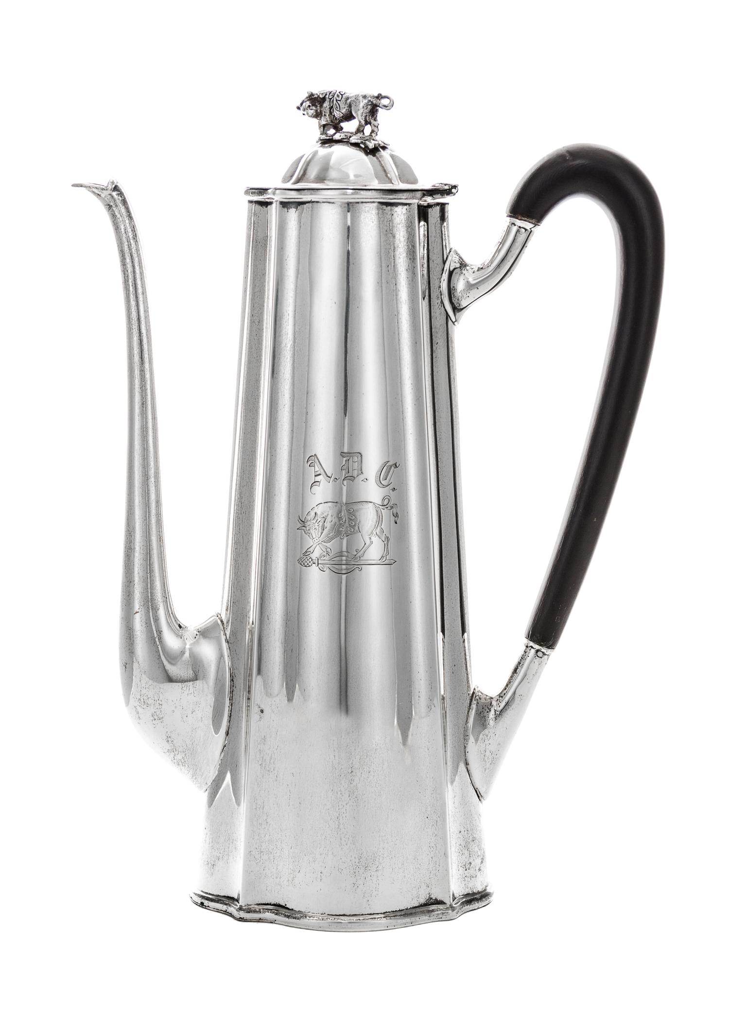 An American Silver After Dinner Coffee Pot, Shreve, Crump & Low, Early 20th Century, having a light house shape, lobed body, hinged lid