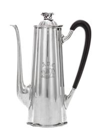 An American Silver After Dinner Coffee Pot, Shreve, Crump & Low, Early 20th Century, having a light house shape, lobed body, hinged lid