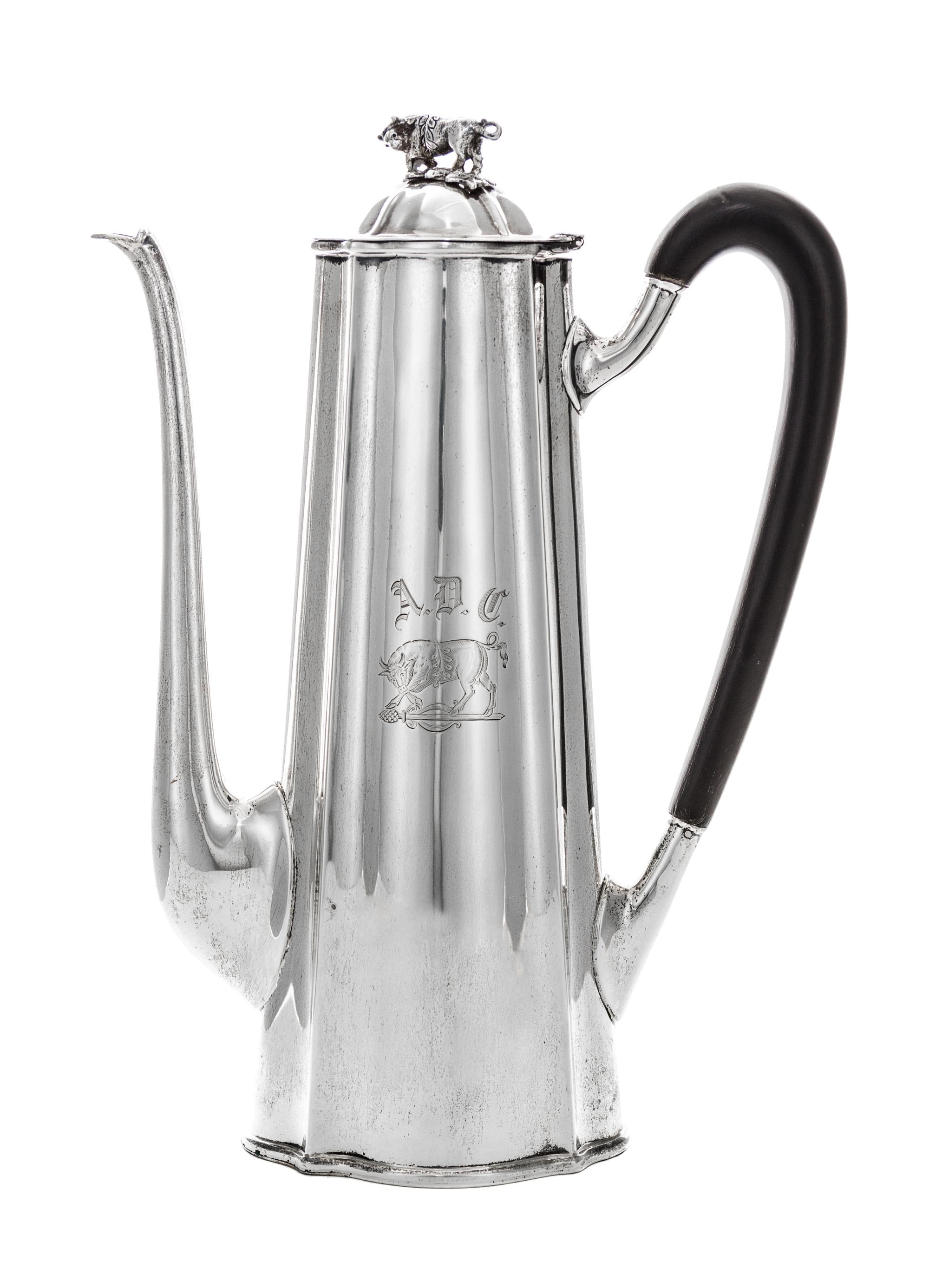 An American Silver After Dinner Coffee Pot, Shreve, Crump & Low, Early 20th Century, having a light house shape, lobed body, hinged lid
