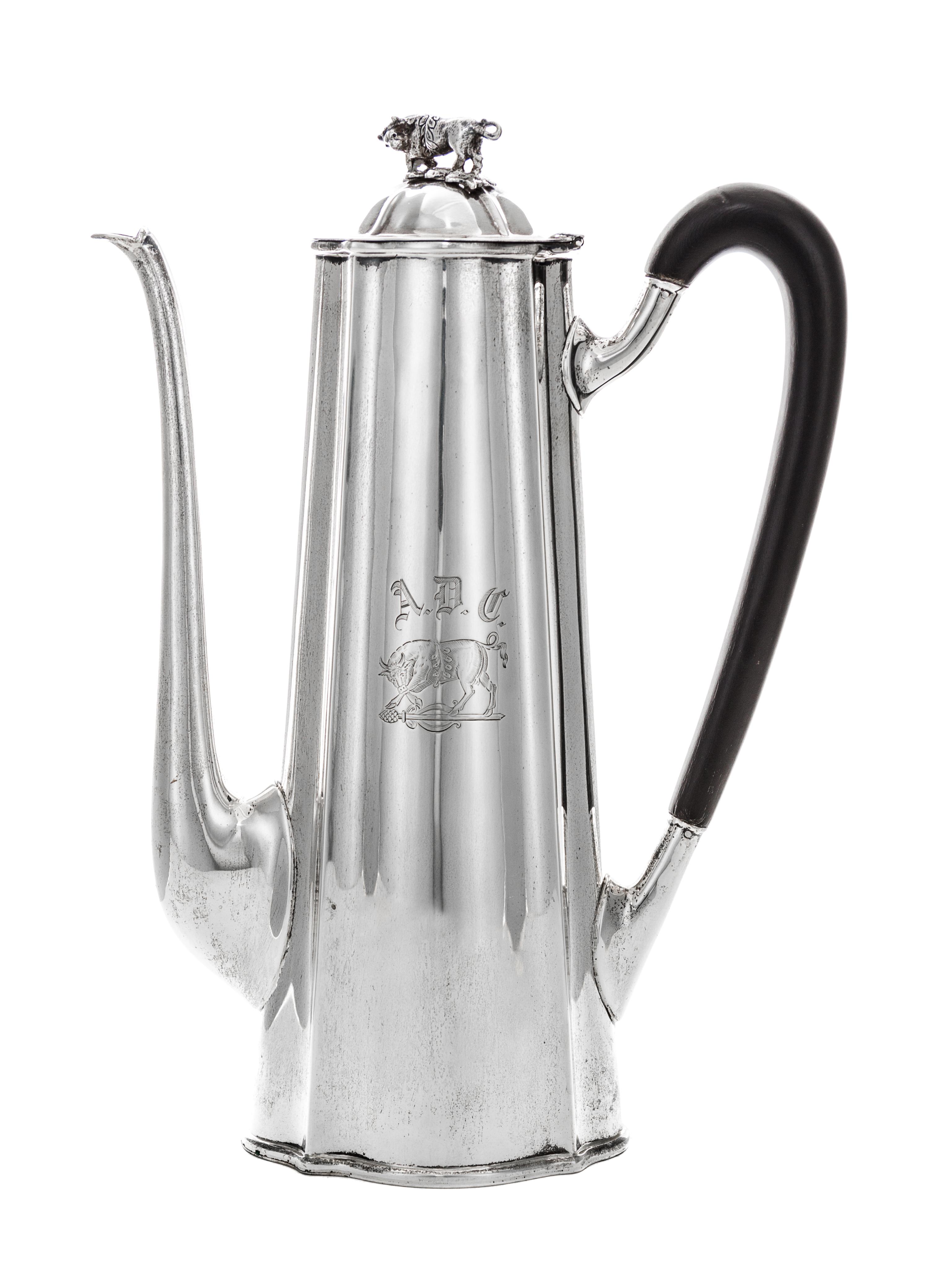 An American Silver After Dinner Coffee Pot, Shreve, Crump & Low, Early 20th Century, having a light house shape, lobed body, hinged lid