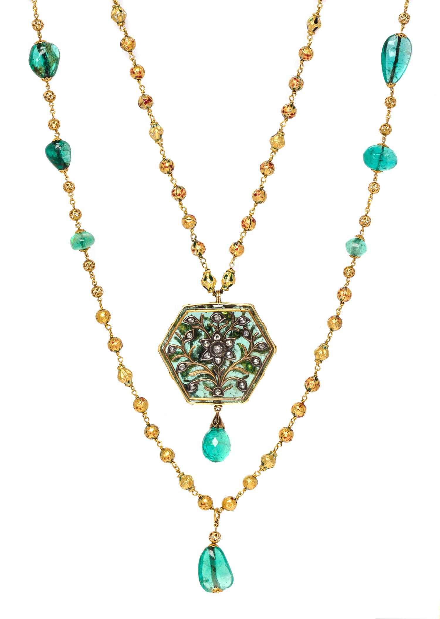 A Double Strand Yellow Gold, Emerald, Diamond, Ruby and Polychrome Enamel Necklace, Indian, 77.60 dwts.