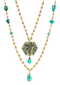 A Double Strand Yellow Gold, Emerald, Diamond, Ruby and Polychrome Enamel Necklace, Indian, 77.60 dwts.