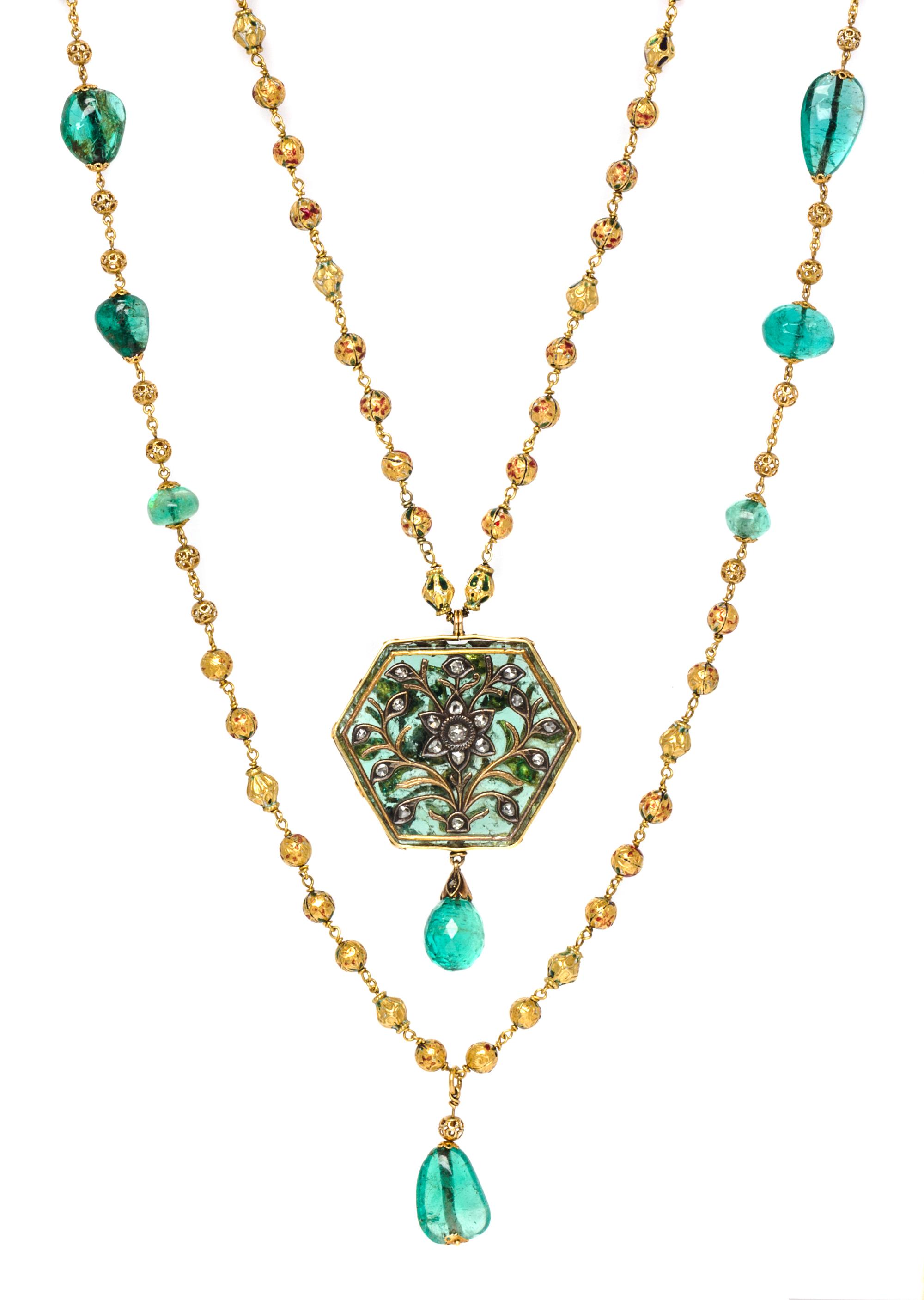 A Double Strand Yellow Gold, Emerald, Diamond, Ruby and Polychrome Enamel Necklace, Indian, 77.60 dwts.