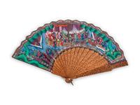A Chinese Carved Sandalwood and Painted Fan