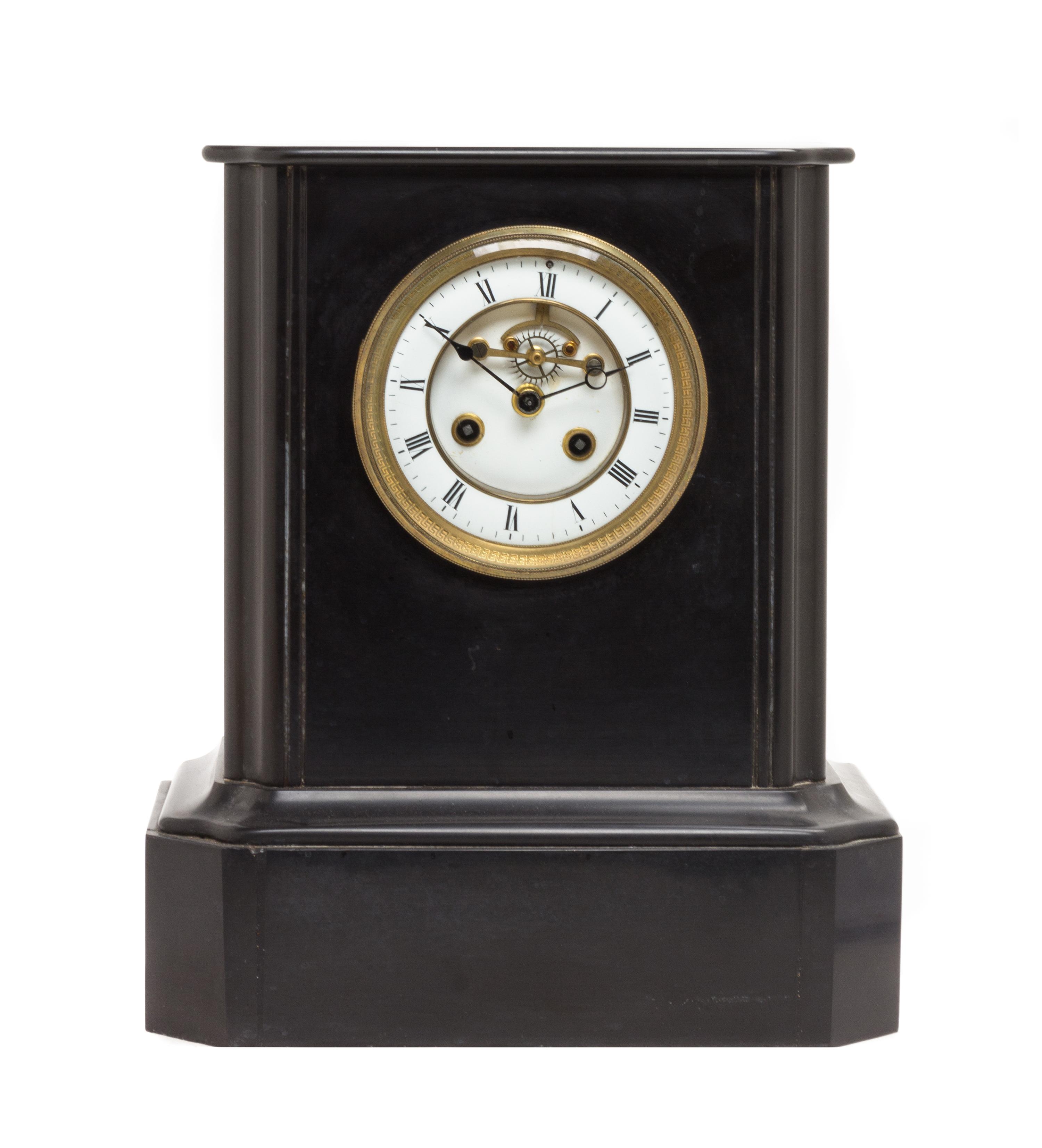 A Continental Slate Mantel Clock, LATE 19TH CENTURY, MOVEMENT BY VINCENTI & CIE, Height 13 inches. — LATE 19TH CENTURY, MOVEMENT BY VINCENTI & CIE,