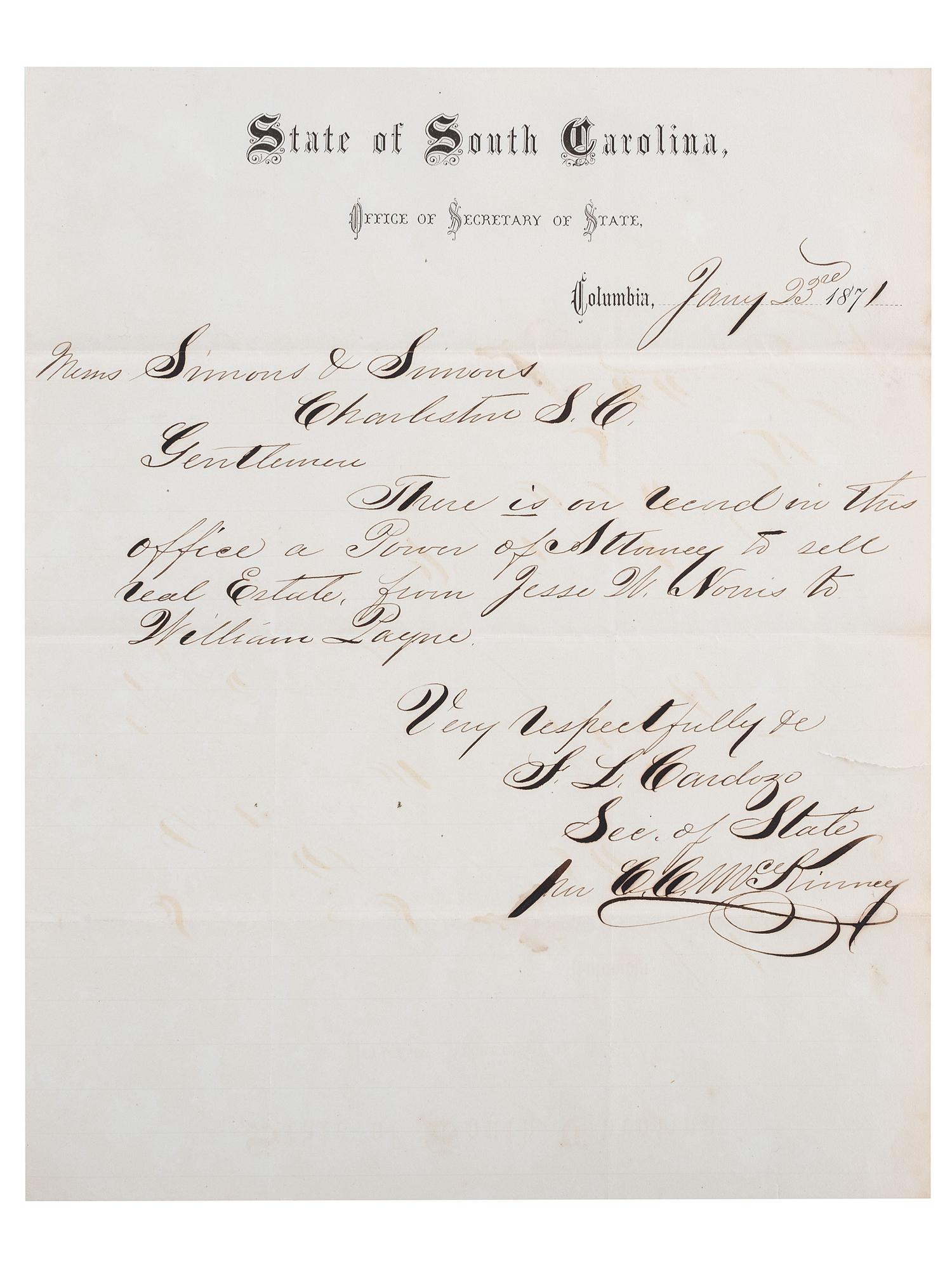 [RECONSTRUCTION]. CARDOZO, Francis Lewis (1836-1903). Autograph letter signed ("F.L. Cardozo"), as Secretary of State of South Carolina, to Simons & Simons. Columbia, SC, 23 January 1871.