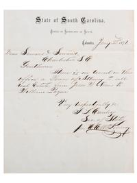 [RECONSTRUCTION]. CARDOZO, Francis Lewis (1836-1903). Autograph letter signed ("F.L. Cardozo"), as Secretary of State of South Carolina, to Simons & Simons. Columbia, SC, 23 January 1871.