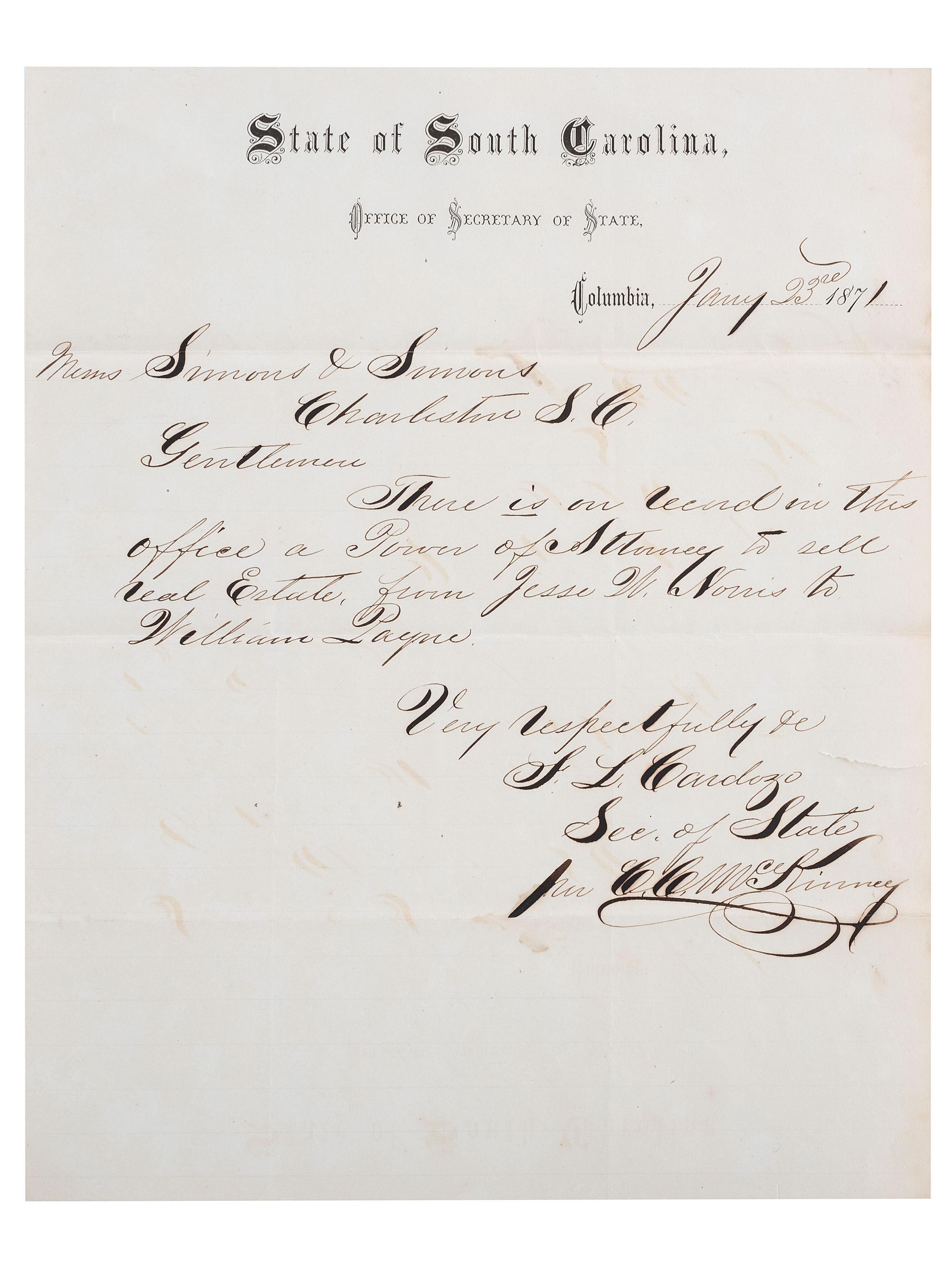 [RECONSTRUCTION]. CARDOZO, Francis Lewis (1836-1903). Autograph letter signed ("F.L. Cardozo"), as Secretary of State of South Carolina, to Simons & Simons. Columbia, SC, 23 January 1871.