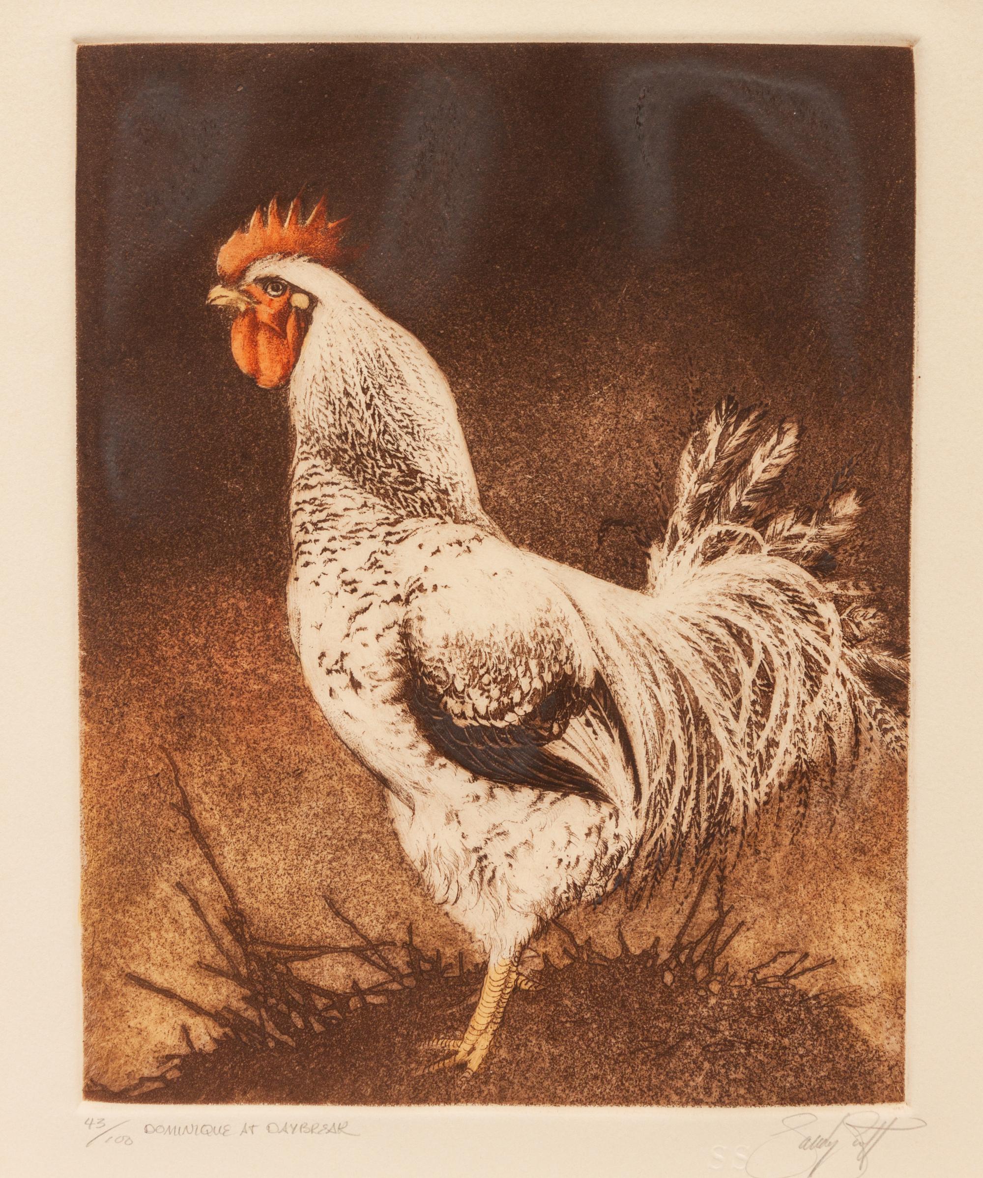 Two Copies, Dominique at Daybreak, editions 64/100 and 43/100; together with Brown Trout , edition 39/500, signed illegibly and Red Hen , edition 22/50, signed illegibly