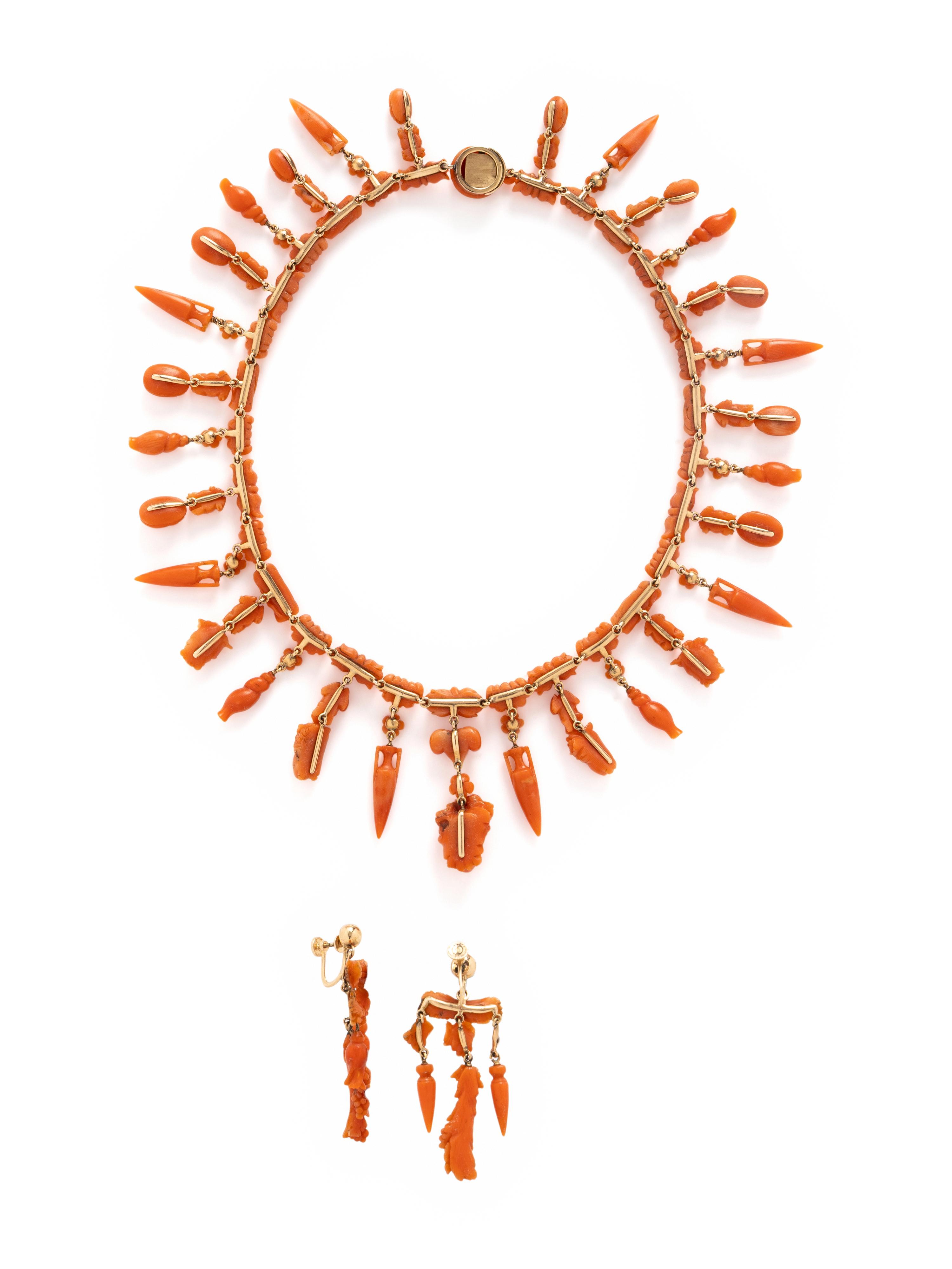 VICTORIAN, ETRUSCAN REVIVAL, CORAL JEWELRY SET