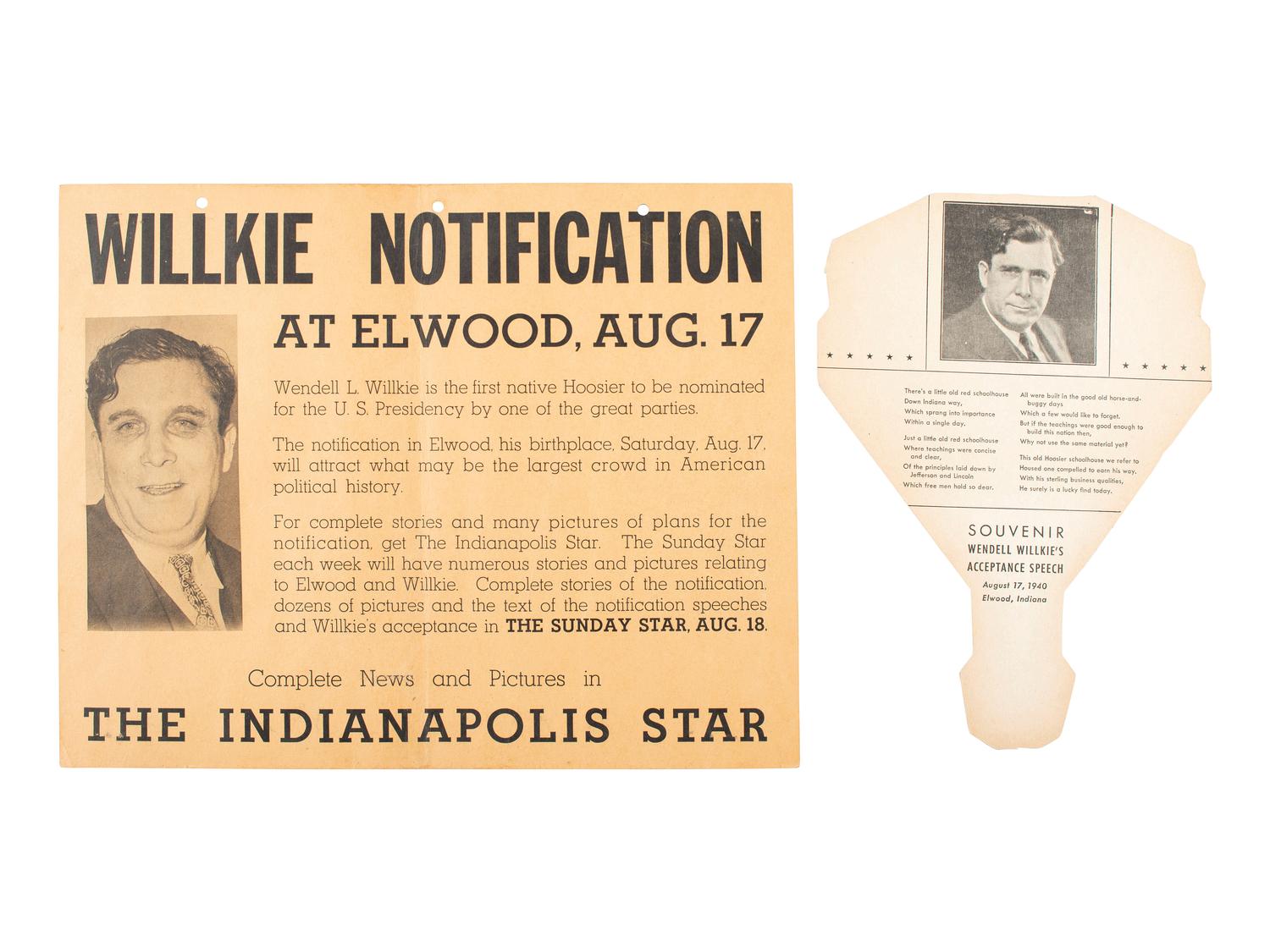 [WILLKIE, Wendell (1892-1944)]. A group of broadsides, sheet music, and campaign ephemera, comprising: