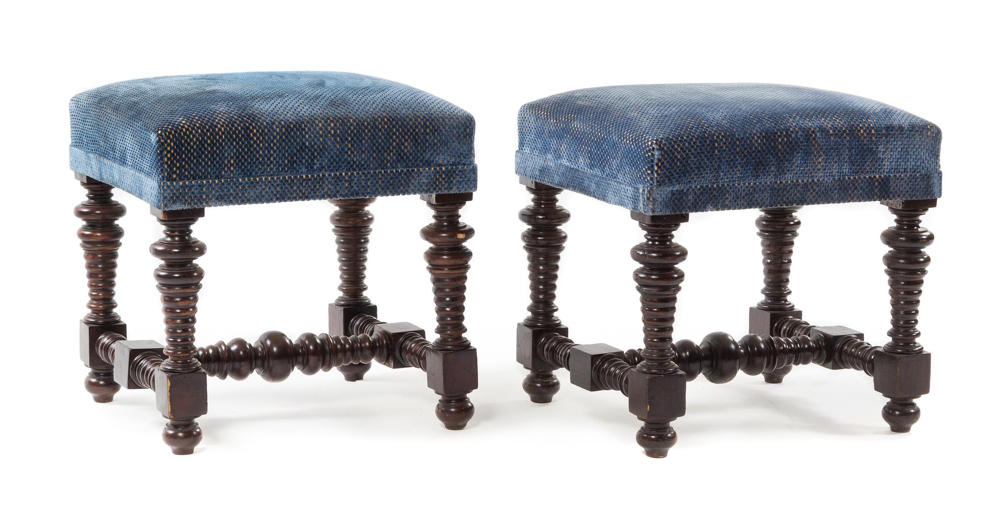 A Pair of Portuguese Baroque Style Walnut Stools Height 17 x width 18 1/2 x depth 17 inches. — 20TH CENTURY
