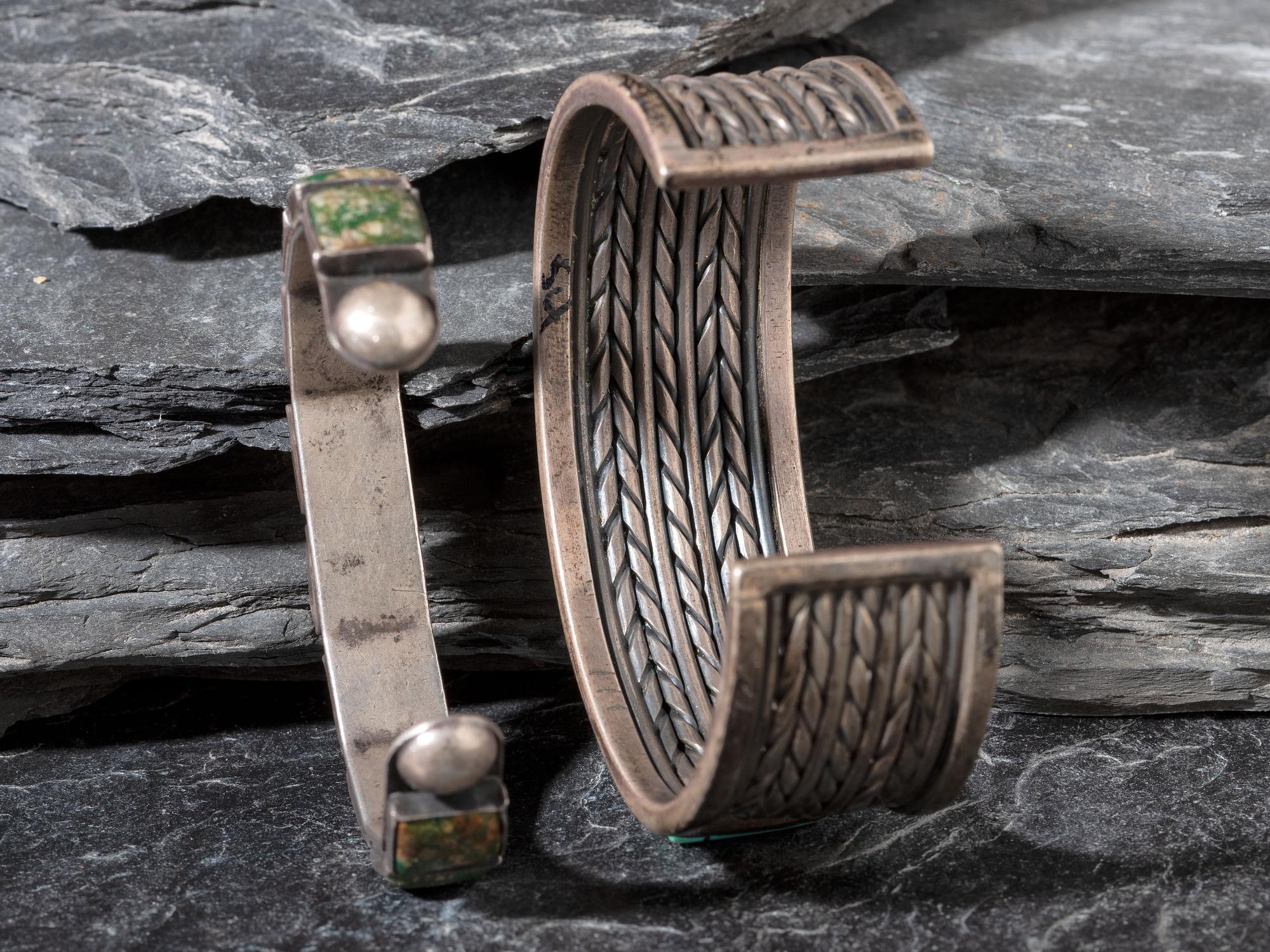 Pair of Navajo Silver and Turquoise Cuff Bracelets