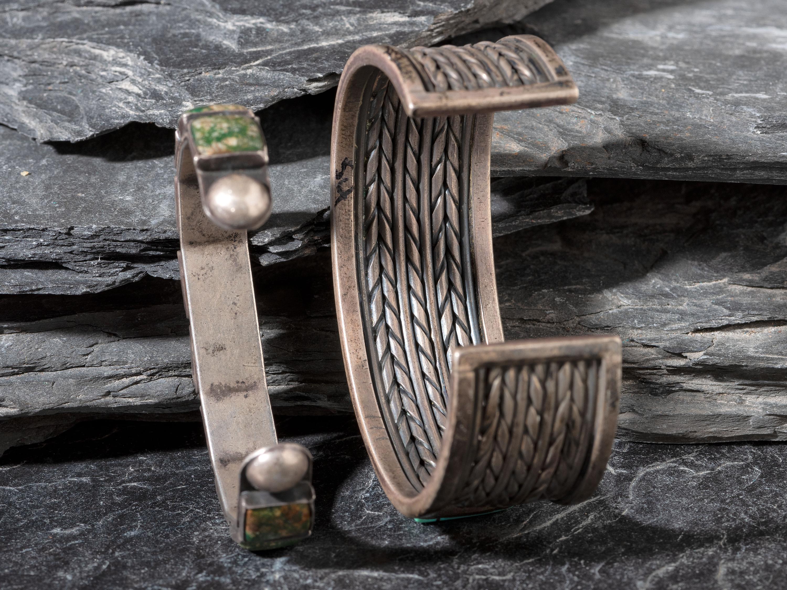 Pair of Navajo Silver and Turquoise Cuff Bracelets