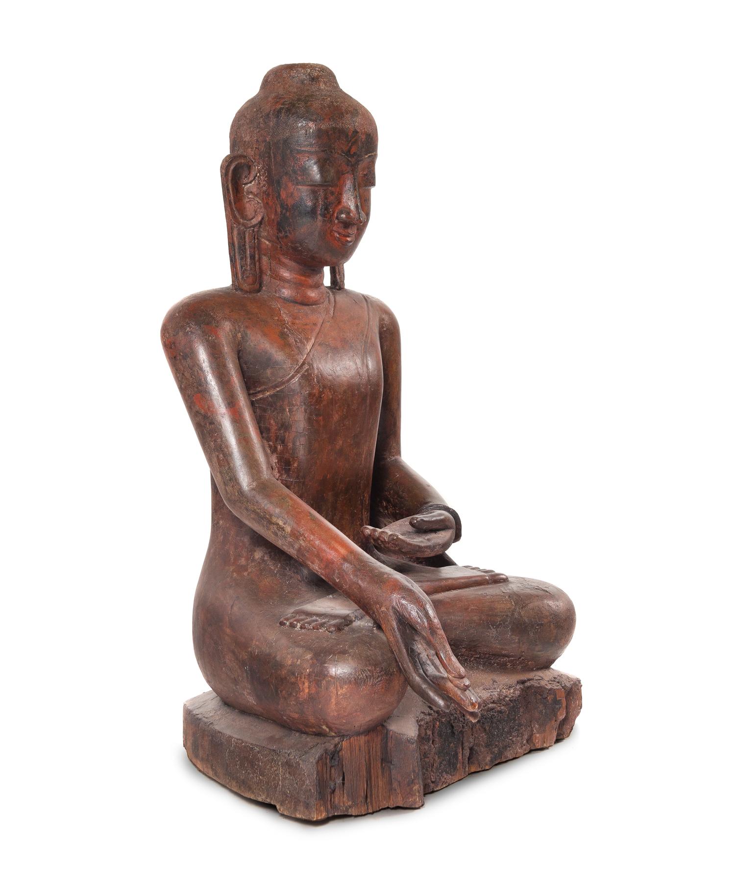 A Burmese Carved Wood Figure of Seated Buddha
