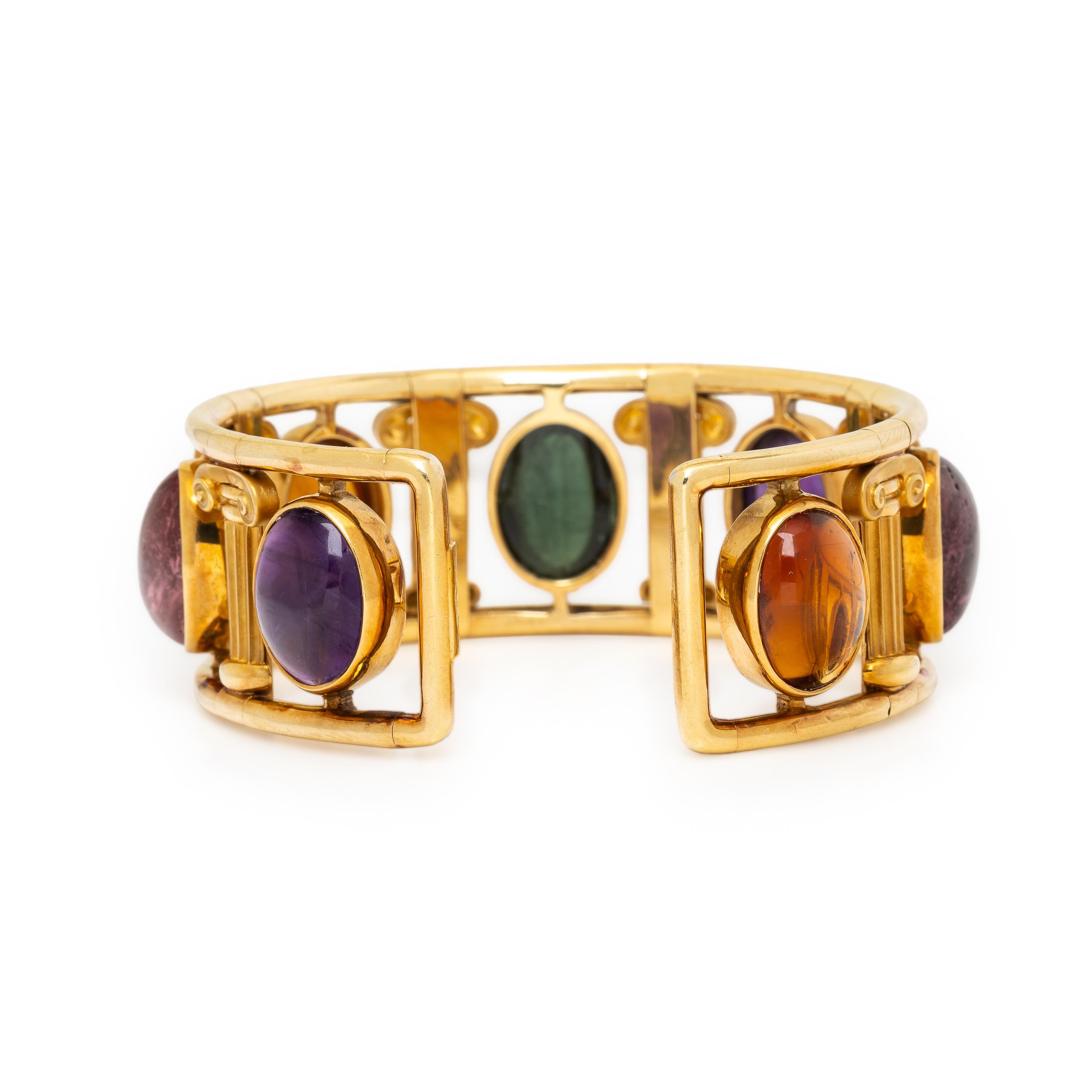 Multigem and Yellow Gold Cuff Bracelet