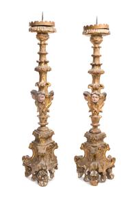 A Pair of Italian Baroque Style Giltwood Pricket Sticks, 17TH CENTURY, Height 36 inches. — 17TH CENTURY,