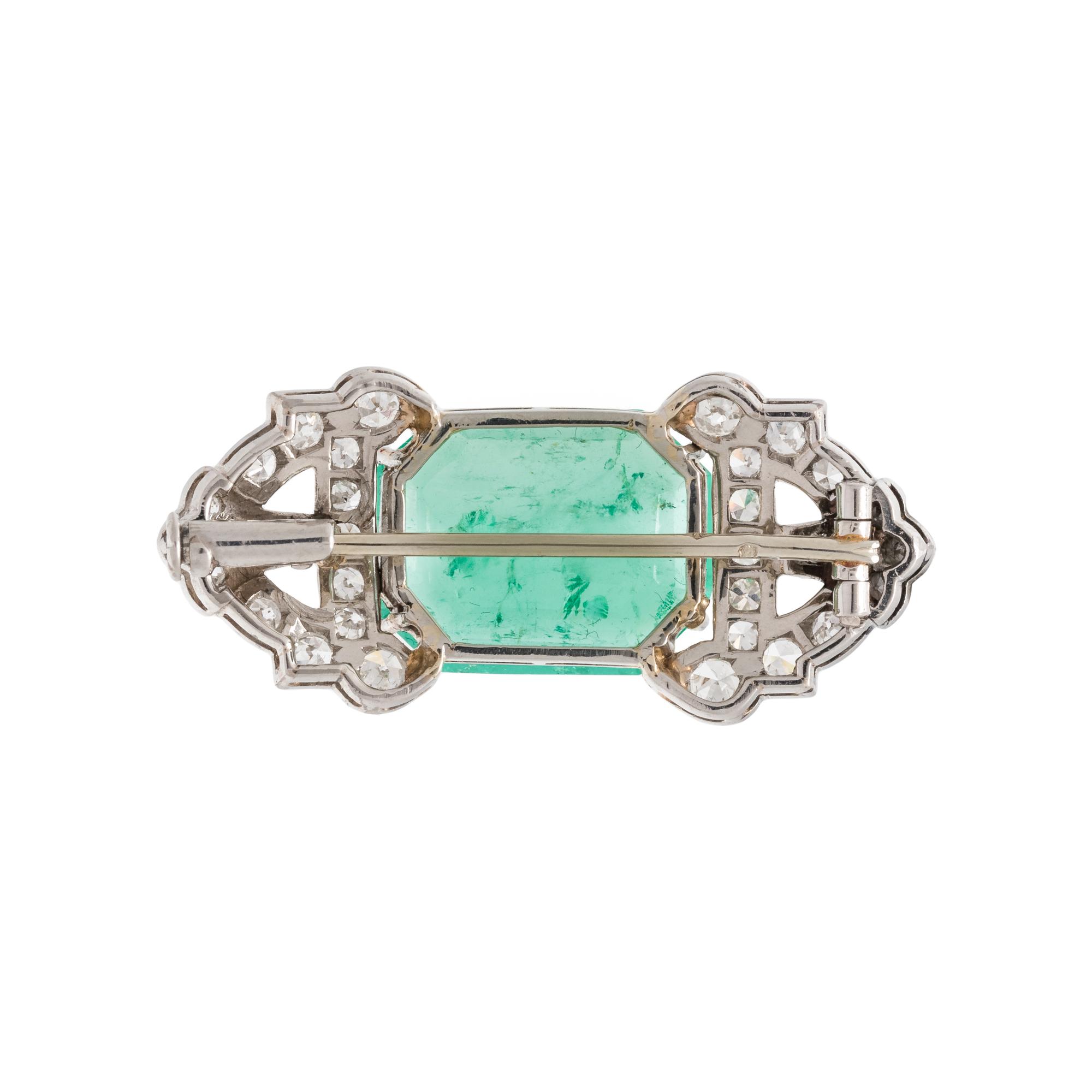 FRENCH, ART DECO, EMERALD AND DIAMOND BROOCH