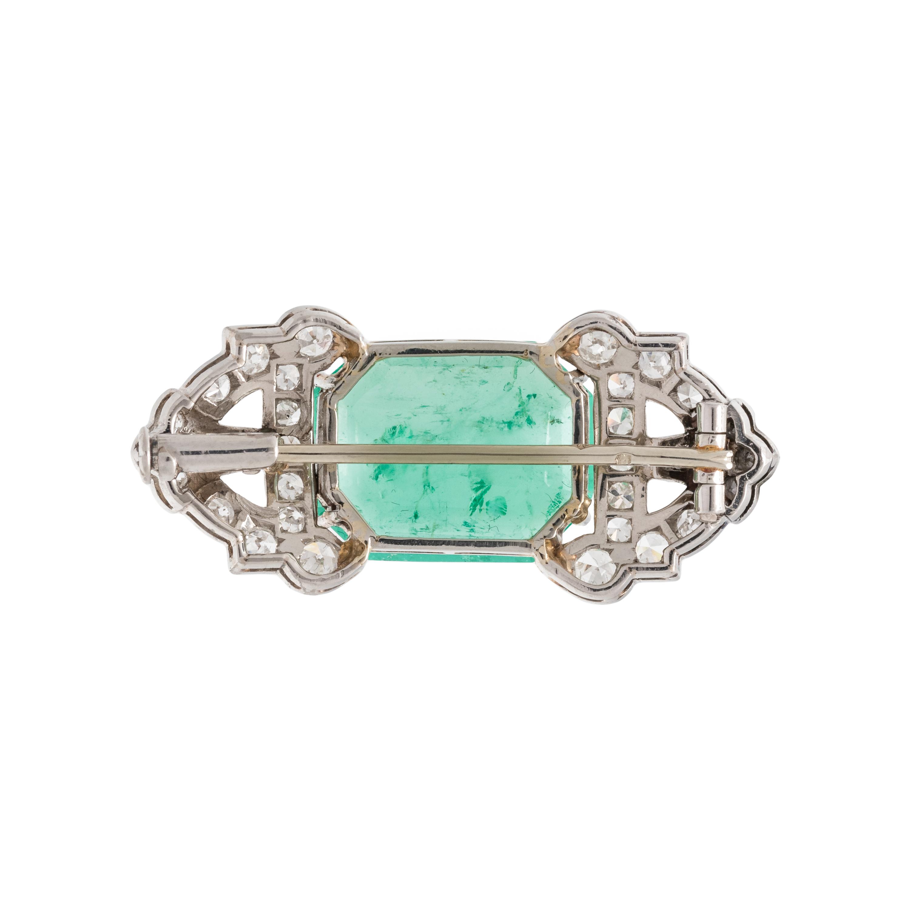 FRENCH, ART DECO, EMERALD AND DIAMOND BROOCH