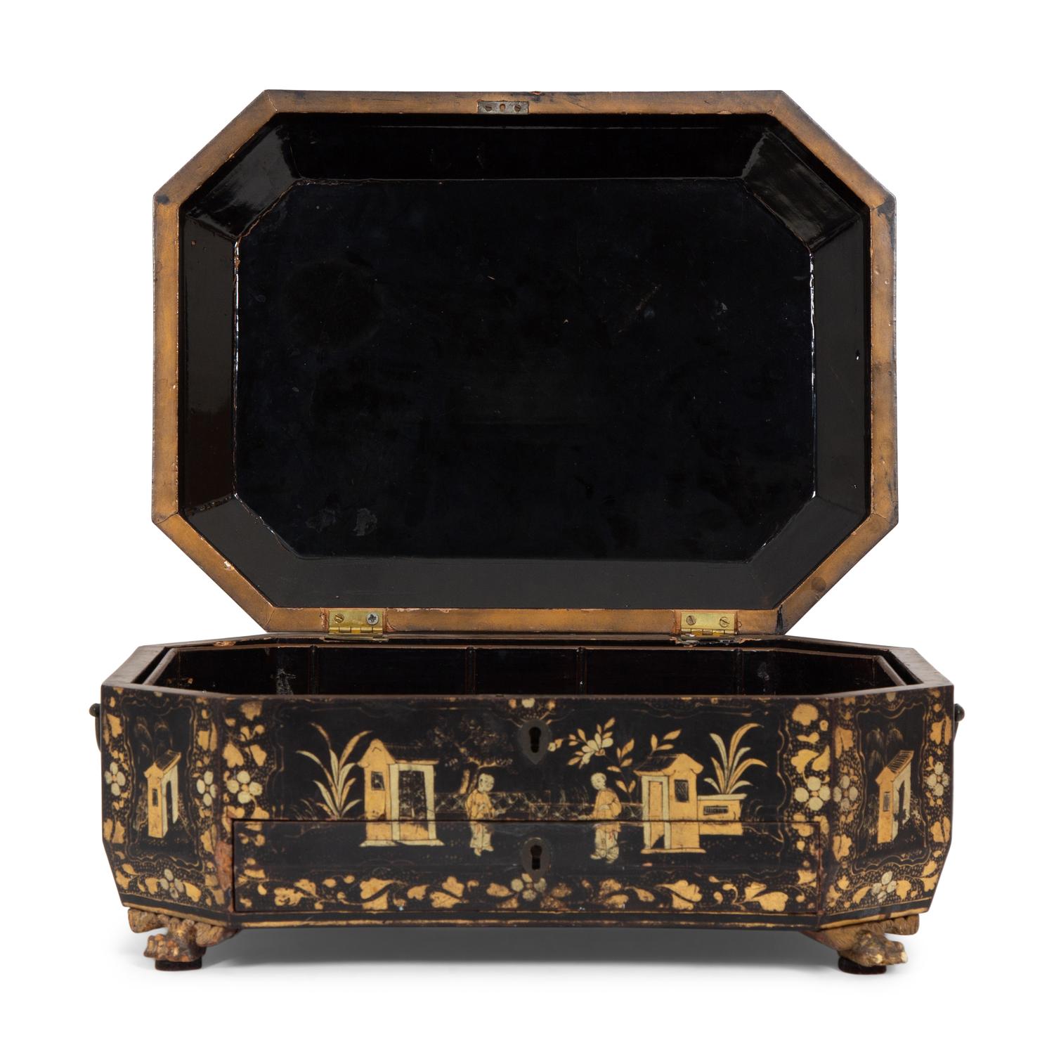 An English Chinoiserie Black and Gilt Lacquer Sewing Box
