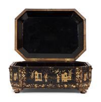An English Chinoiserie Black and Gilt Lacquer Sewing Box