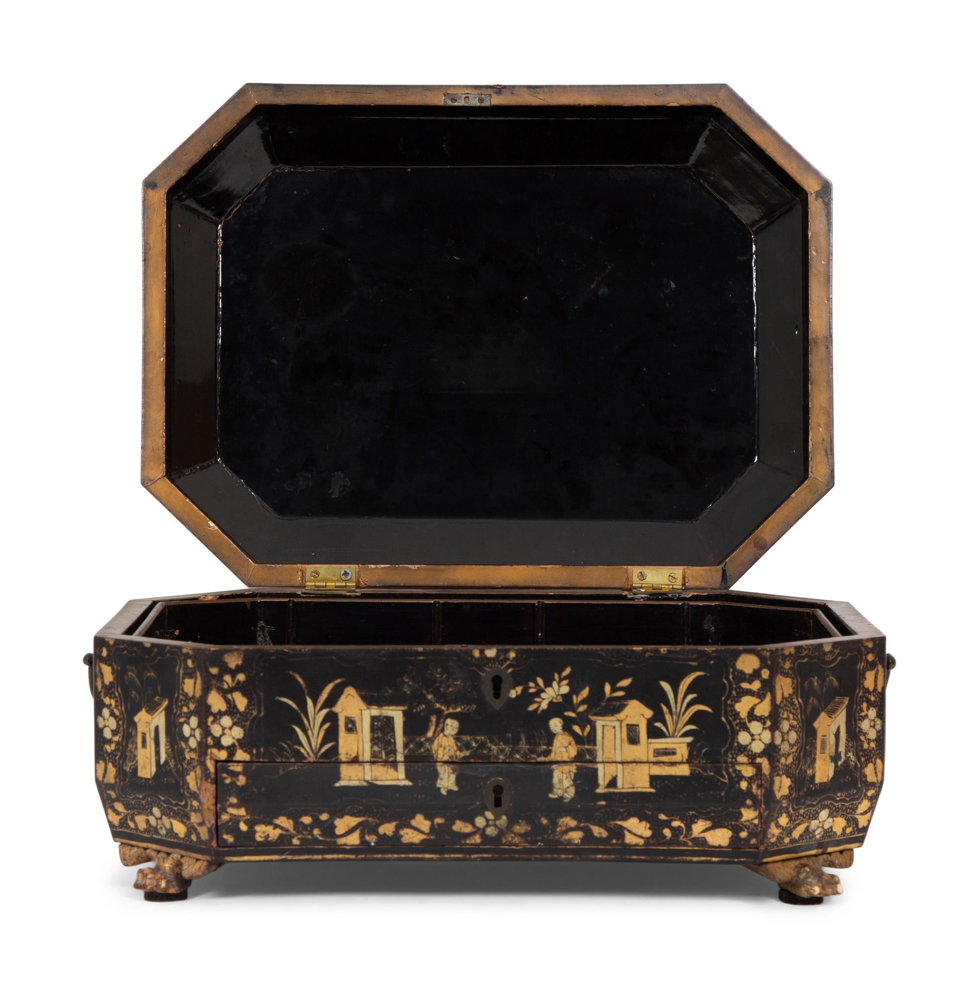 An English Chinoiserie Black and Gilt Lacquer Sewing Box