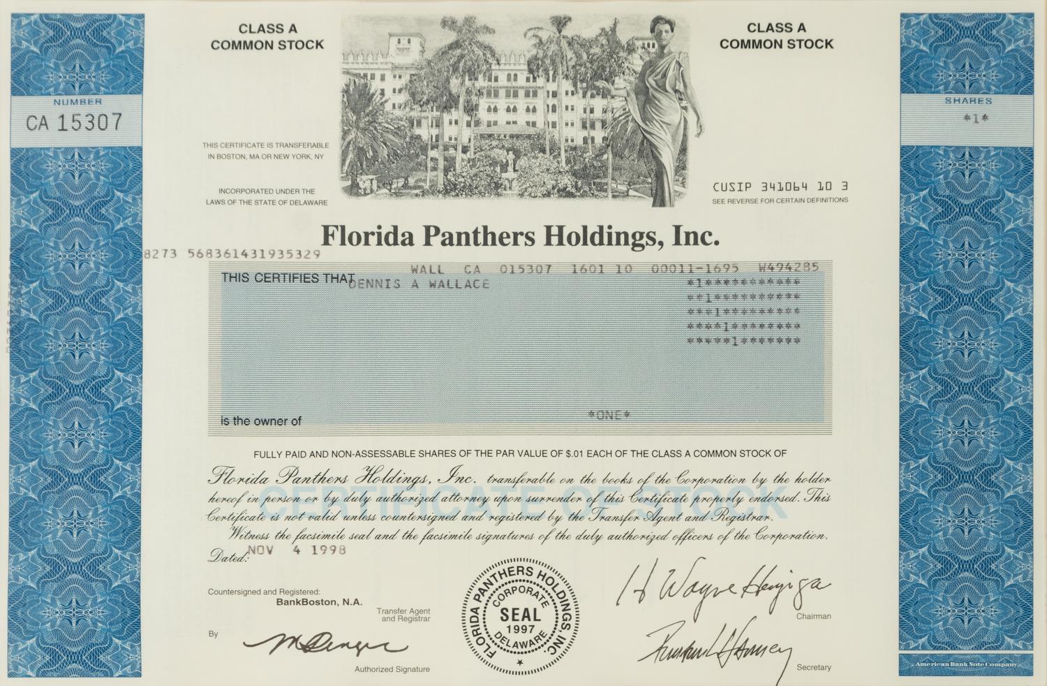 A Florida Panthers Stock Certificate,