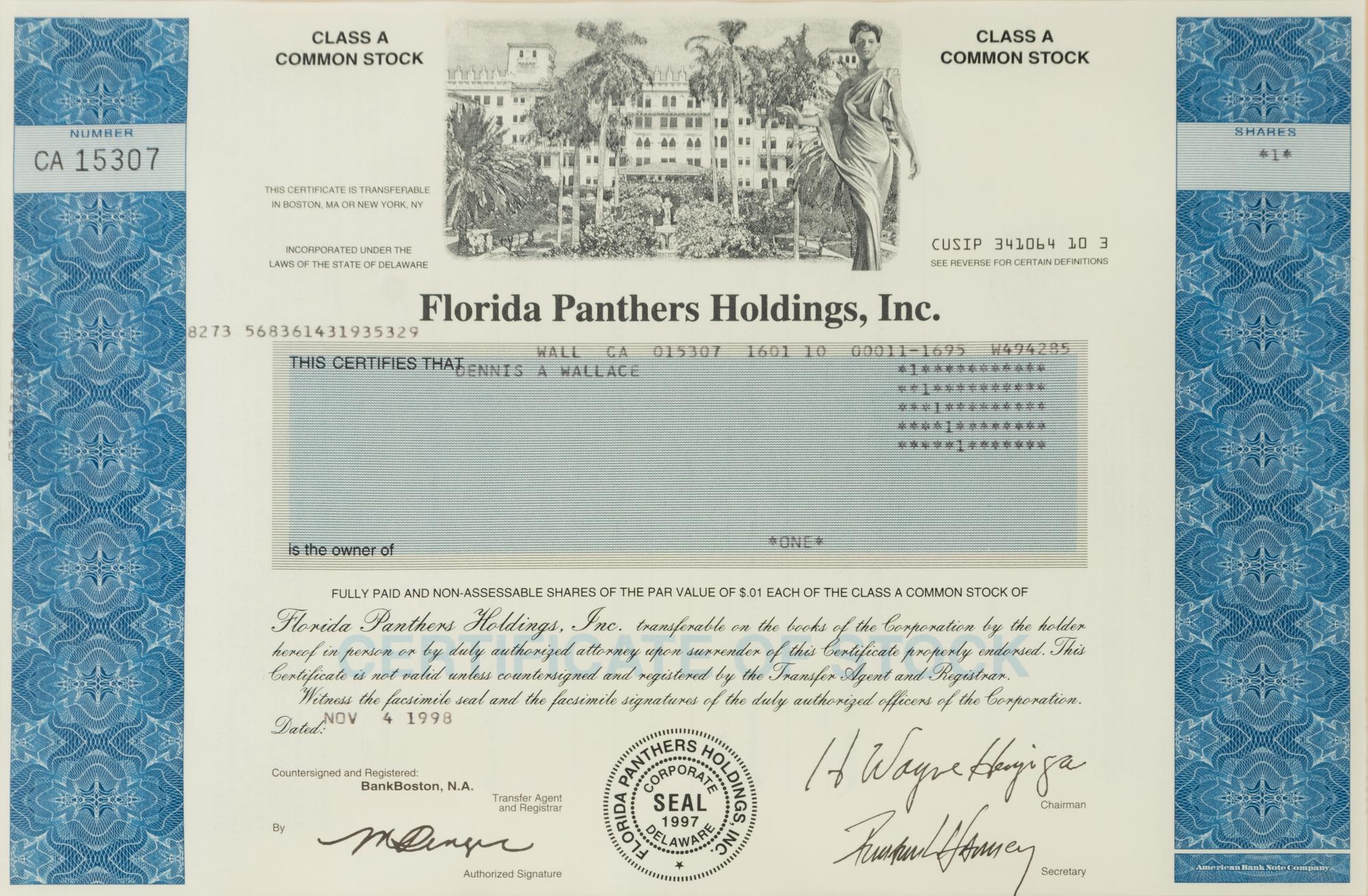 A Florida Panthers Stock Certificate,