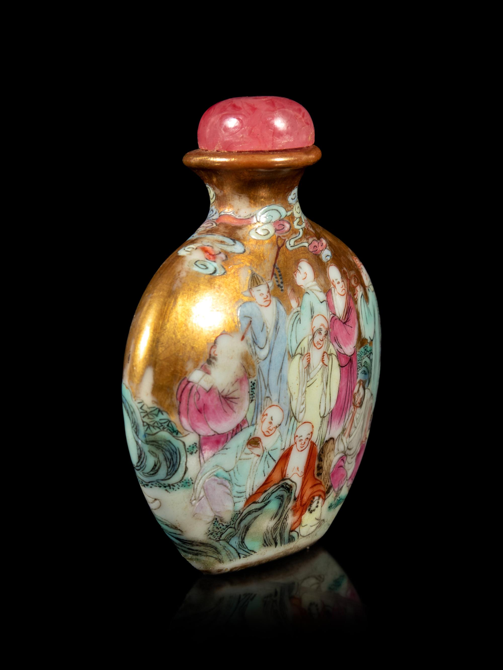 A Gilt Ground Famille Rose Porcelain 'Luohan' Snuff Bottle