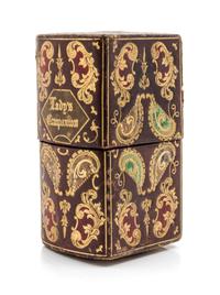 An English Silver and Silver-Plate Necessaire, , the tooled leather case with gilt and polychrome foliate and volute decoration opening