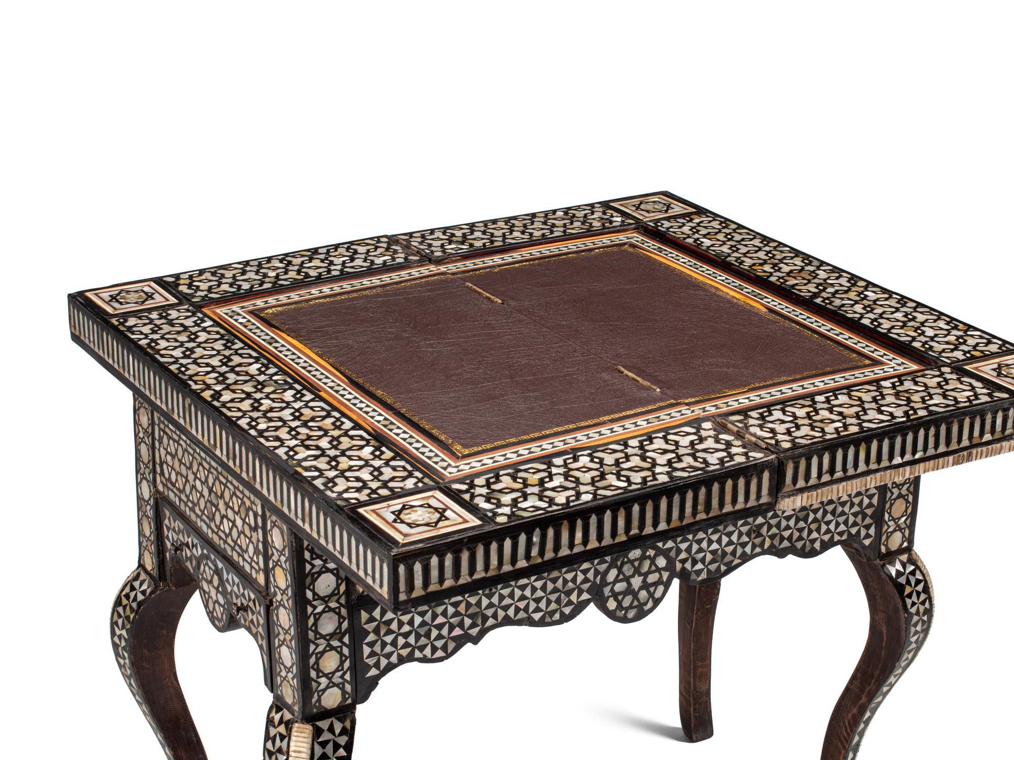 A Levantine Marquetry and Mother-of-Pearl Inlaid Flip-Top Swivel-Action Game Table