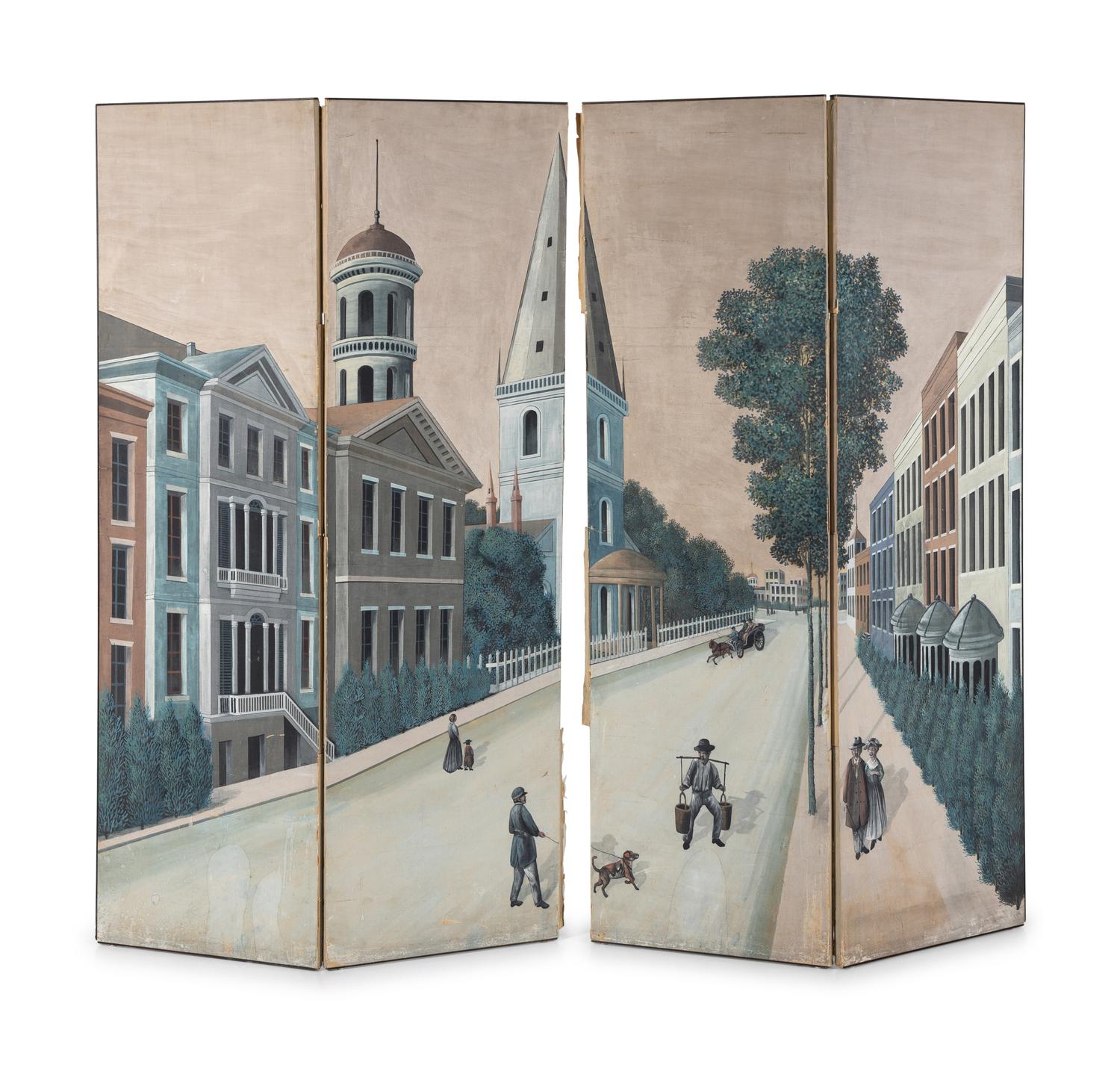 A Continental Figural Painted Four-Panel Floor Screen, 19th Century and later