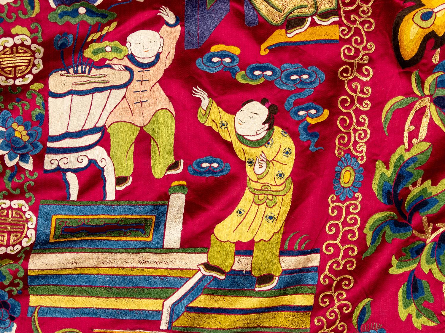 An Impressively Large Chinese Burgundy Ground Embroidered Silk 'Birthday' Wall Panel, Dated 1868 清同治七年（1868） 絳紅緞綉賀壽圖大挂屏