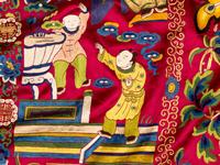 An Impressively Large Chinese Burgundy Ground Embroidered Silk 'Birthday' Wall Panel, Dated 1868 清同治七年（1868） 絳紅緞綉賀壽圖大挂屏